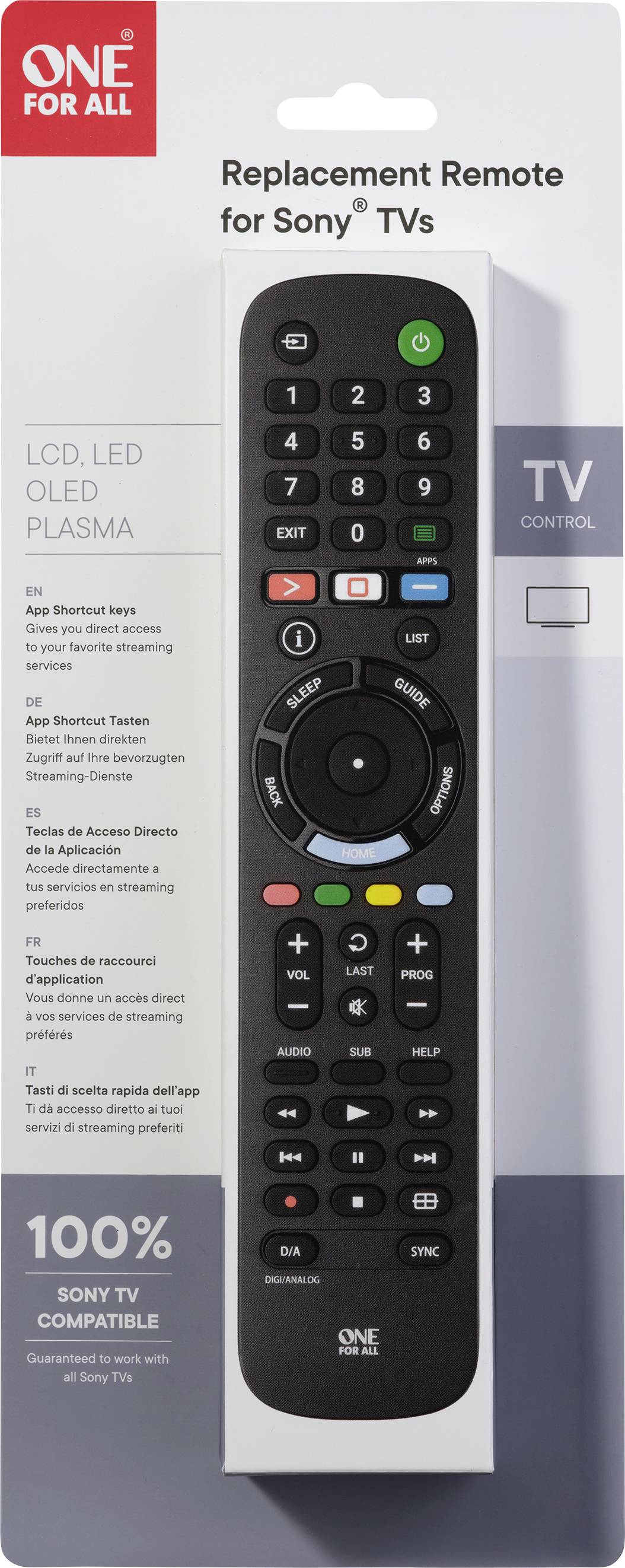 Fernbedienung auf Pappverpackung mit Aufschrift 'Replacement Remote for Sony® TVs'. Für LCD, LED, OLED, Plasma. Markenkompatibel.