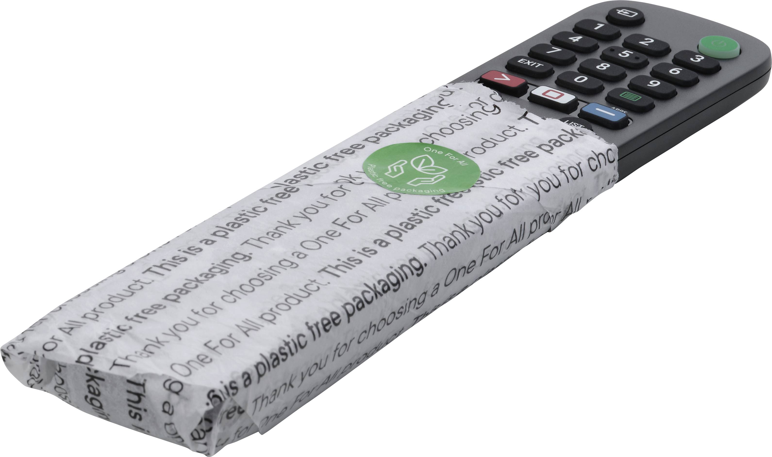 Eine schwarze Fernbedienung, eingewickelt in plastikfreie Verpackung mit Aufdruck 'This is a plastic free packaging. Thank you for choosing'.