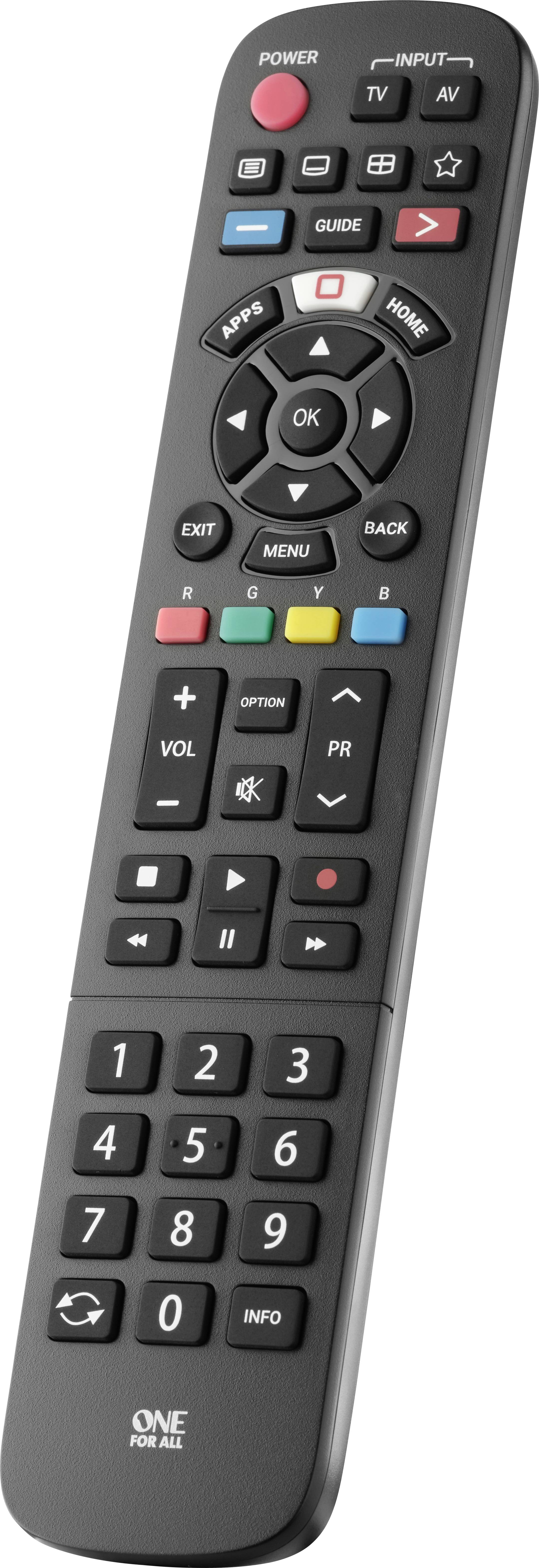Universalfernbedienung mit Tasten zur Steuerung von TV-Gerät und anderen Elektronikgeräten. Tasten sind farbcodiert und beschriftet.