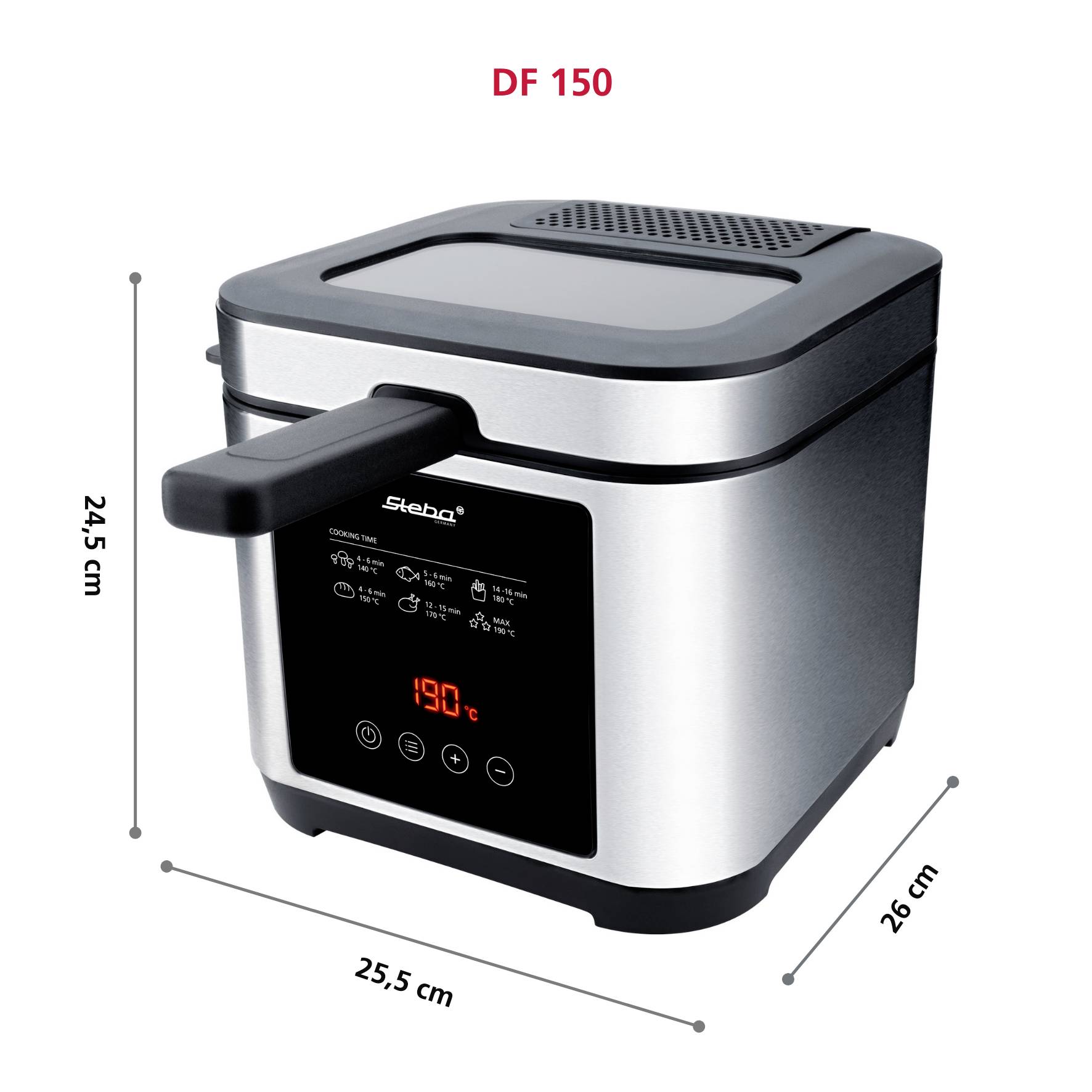 Steba DF 150 Fritteuse 2.5l 1200W Timerfunktion, stufenloser Temperaturregler, mit Display Edelstahl, Schwarz