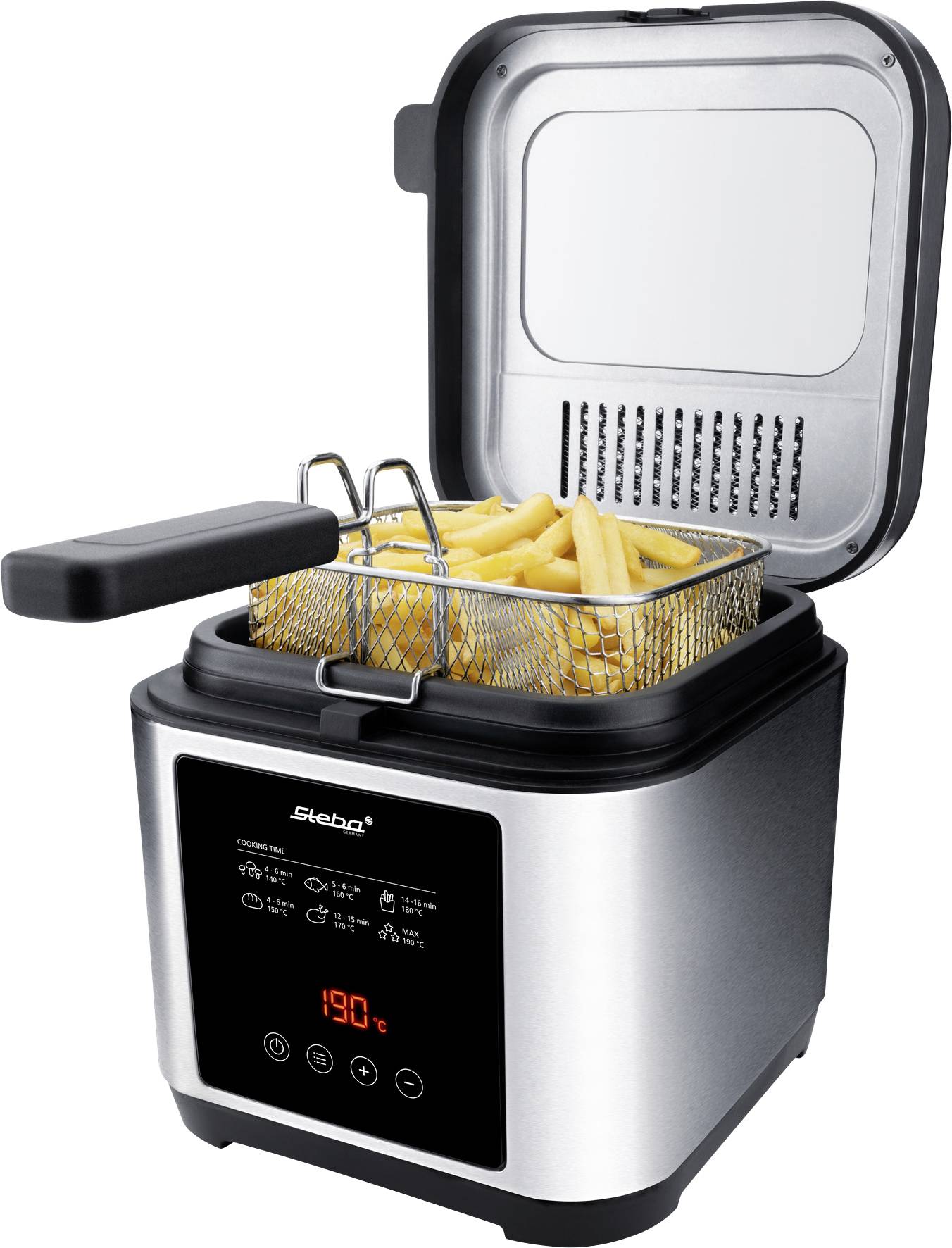 Steba DF 150 Fritteuse 2.5 l 1200 W Timerfunktion, stufenloser Temperaturregler, mit Display Edelstahl, Schwarz