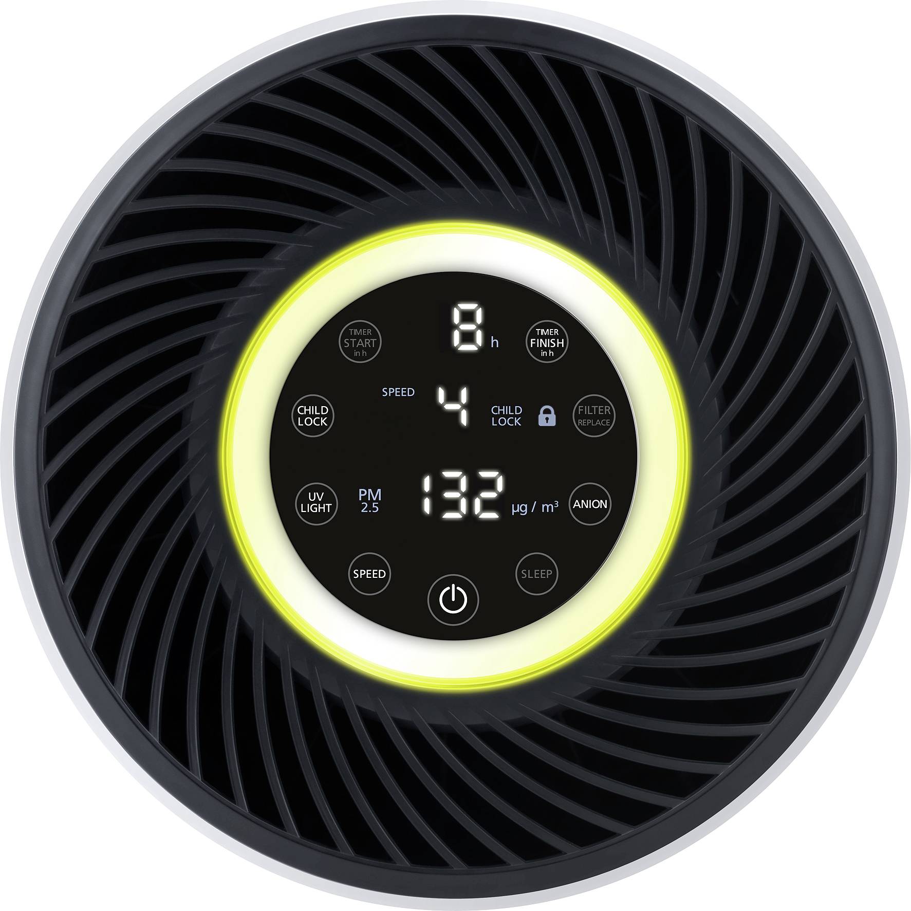 Ein Luftreiniger-Display mit Digitalanzeige. Zeigt aktuell die Luftqualität mit einem Wert von 132 µg/m³ an. Enthält Steuerungstasten.
