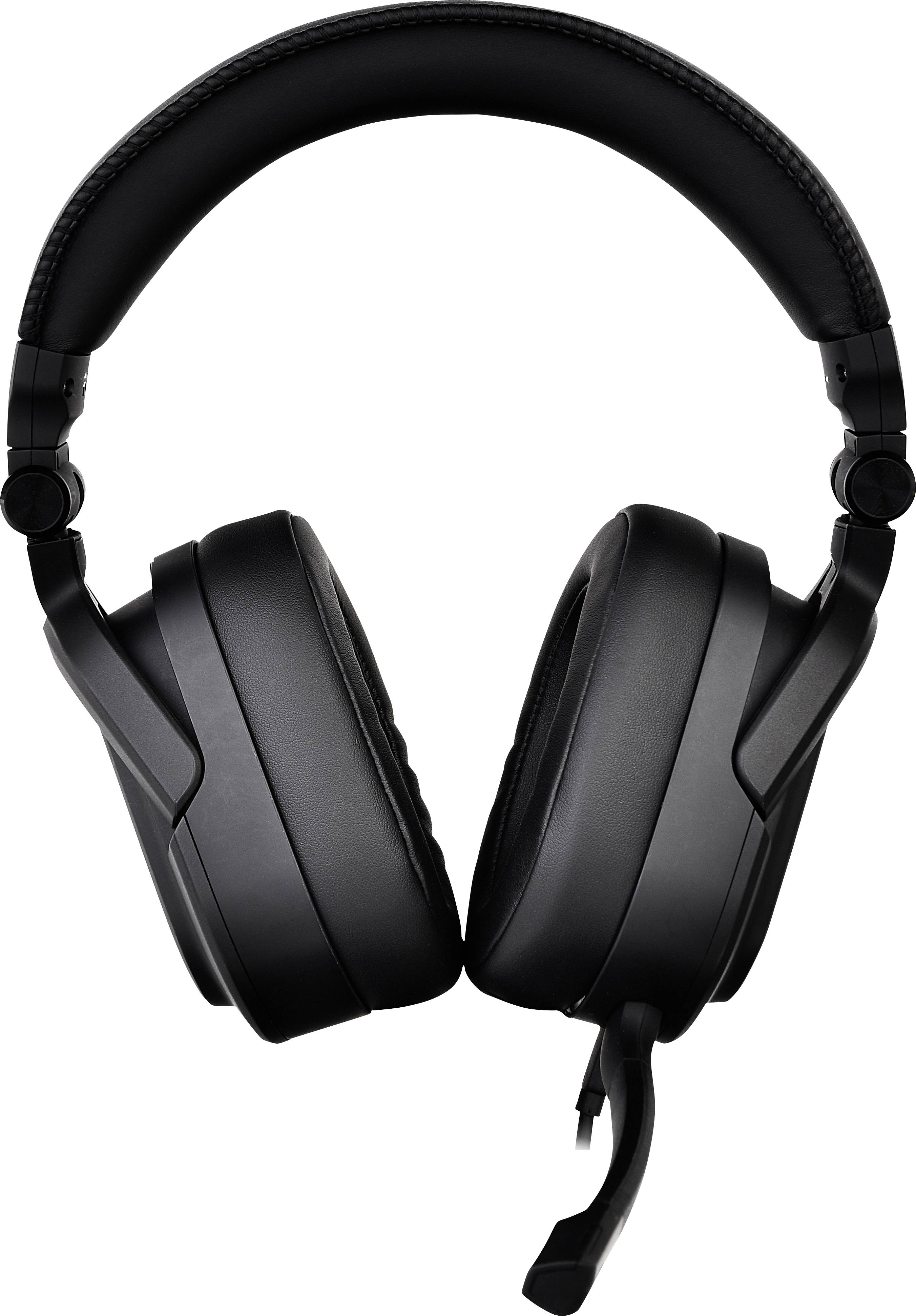 Schwarze Over-Ear-Kopfhörer mit Mikrofon, frontal abgebildet. Ideal für Gaming oder Online-Kommunikation.