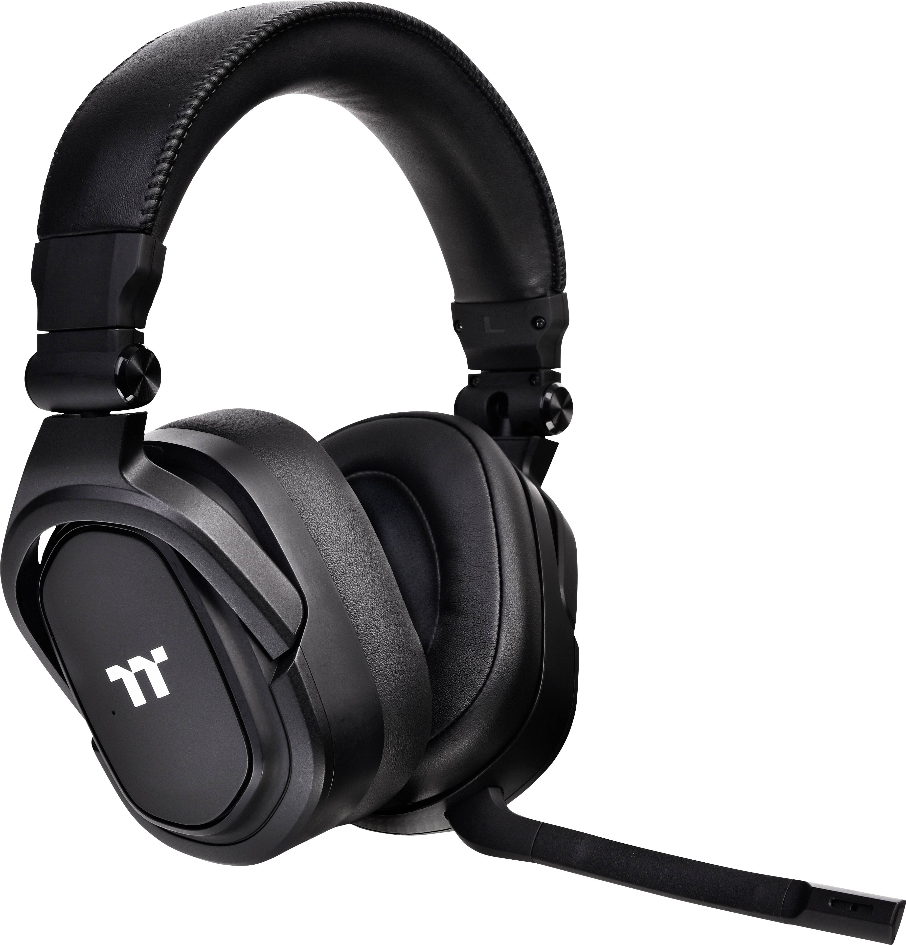 Schwarzes Gaming-Headset mit Mikrofon an der linken Seite, gepolstertem Kopfbügel und Logo auf den Ohrmuscheln.