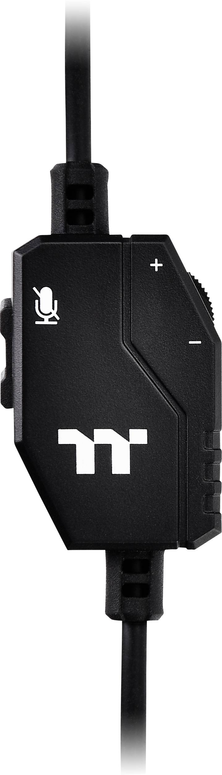 In-line-Fernbedienung eines Headsets mit Mikrofon-Symbol für Stummschaltung und Lautstärke-Tasten '+' und '-' auf schwarzem Gehäuse.