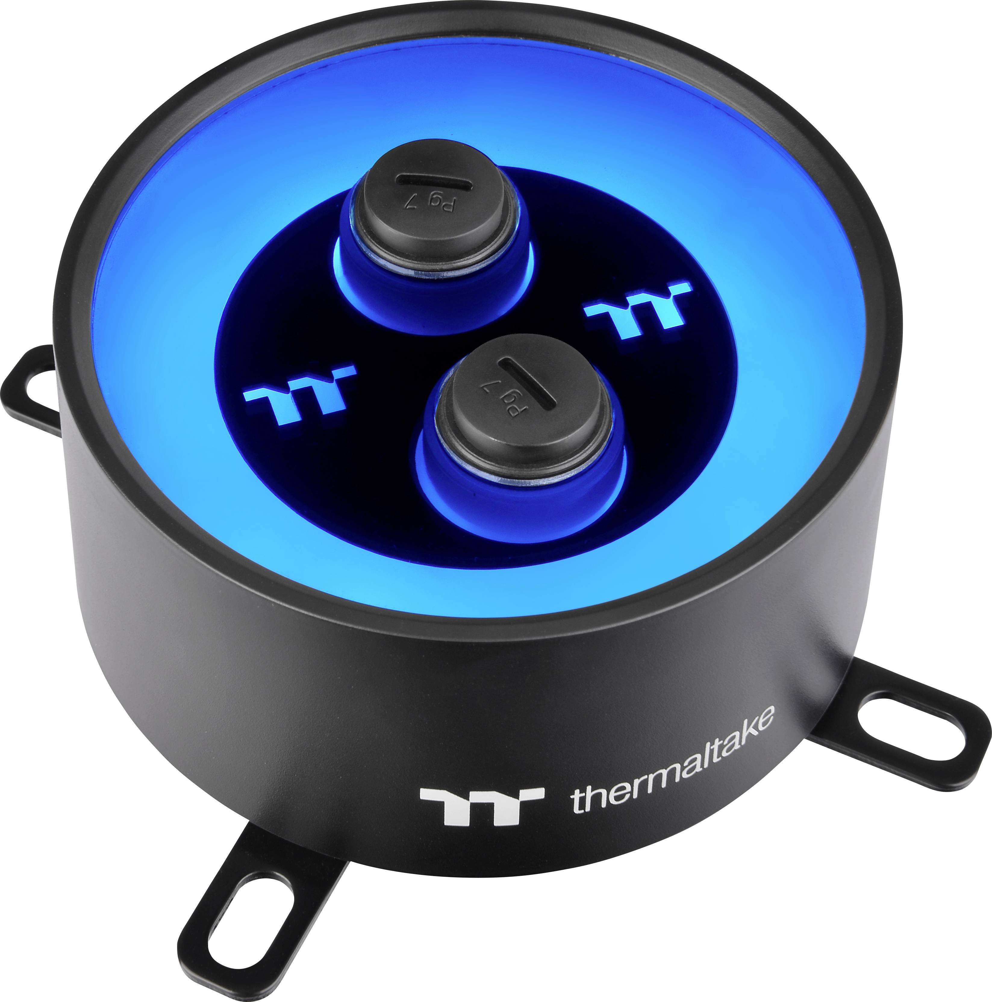 Runde schwarze Kühlervorrichtung mit blauer LED-Beleuchtung, zwei Anschlüssen und Thermaltake-Logo.