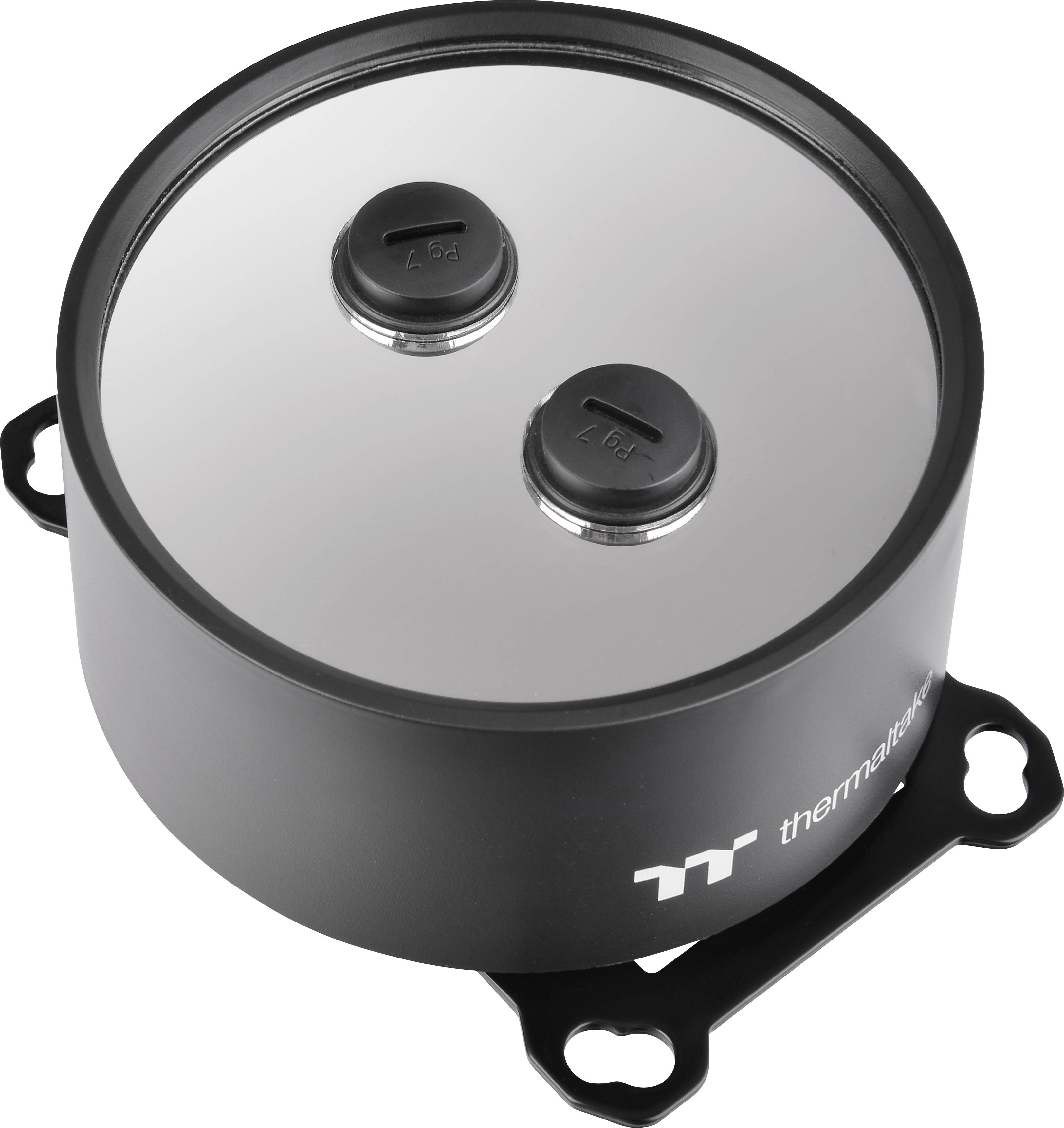 Runder schwarzer Wasserblock mit durchsichtigem Deckel und zwei Anschlüssen, markiert mit 'In' und 'Out', für Kühlflüssigkeit.