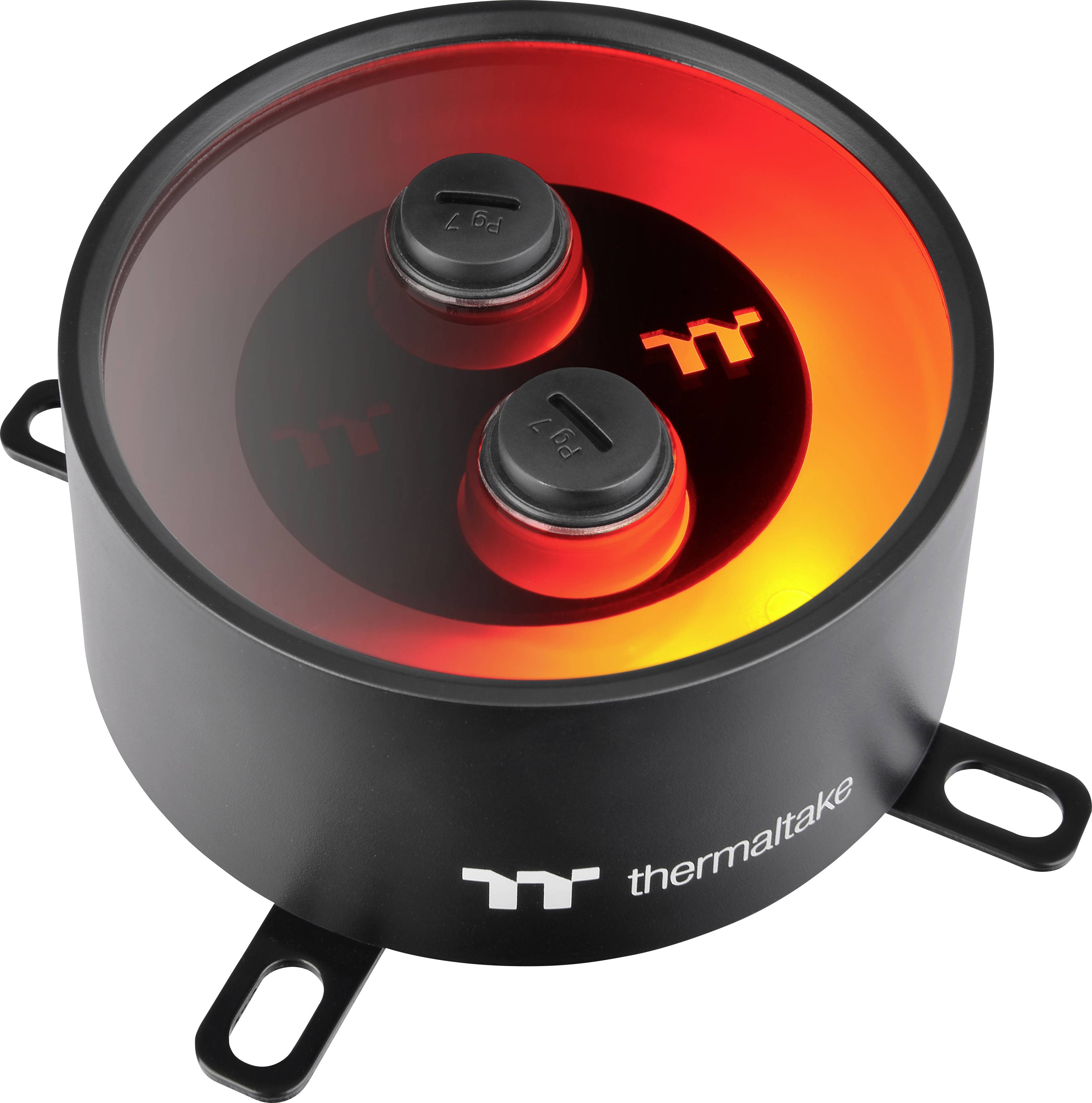 Eine schwarz-rote Thermaltake Wasserpumpe mit zwei Anschlüssen und leuchtendem Logo auf der Oberseite. Geeignet für PC-Kühlungssysteme.