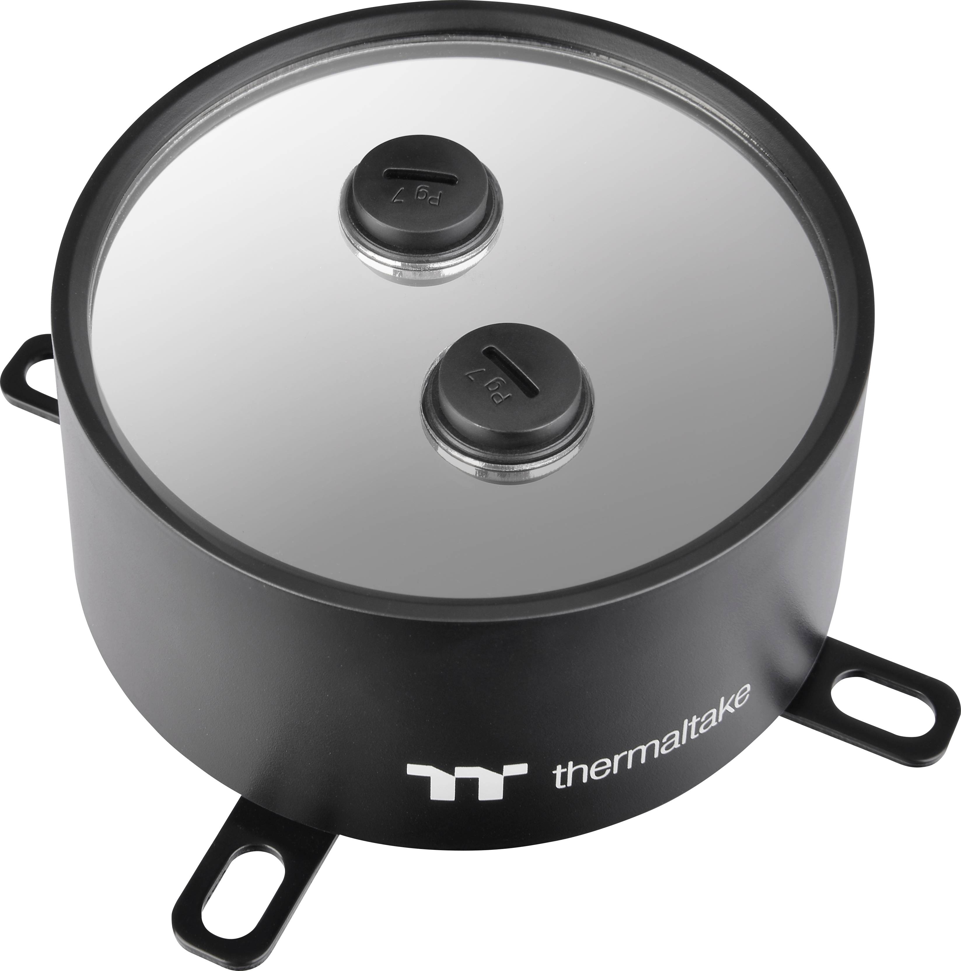 Schwarze, runde Thermaltake Wasserkühlungspumpe mit zwei Anschlüssen auf der Oberseite, Markenlogo an der Seite.