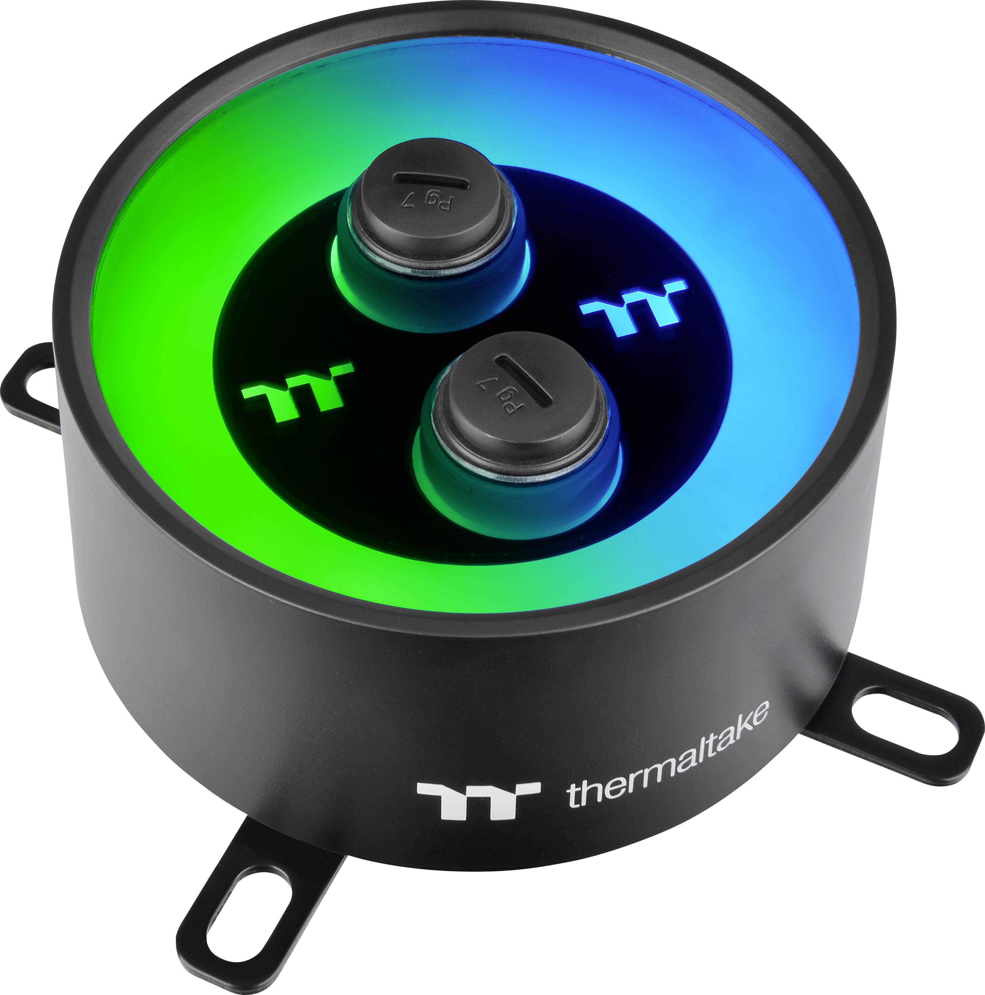 Ein Kühlgerät mit leuchtenden LED-Lichtern in Blau und Grün, markiert mit dem Logo von Thermaltake.