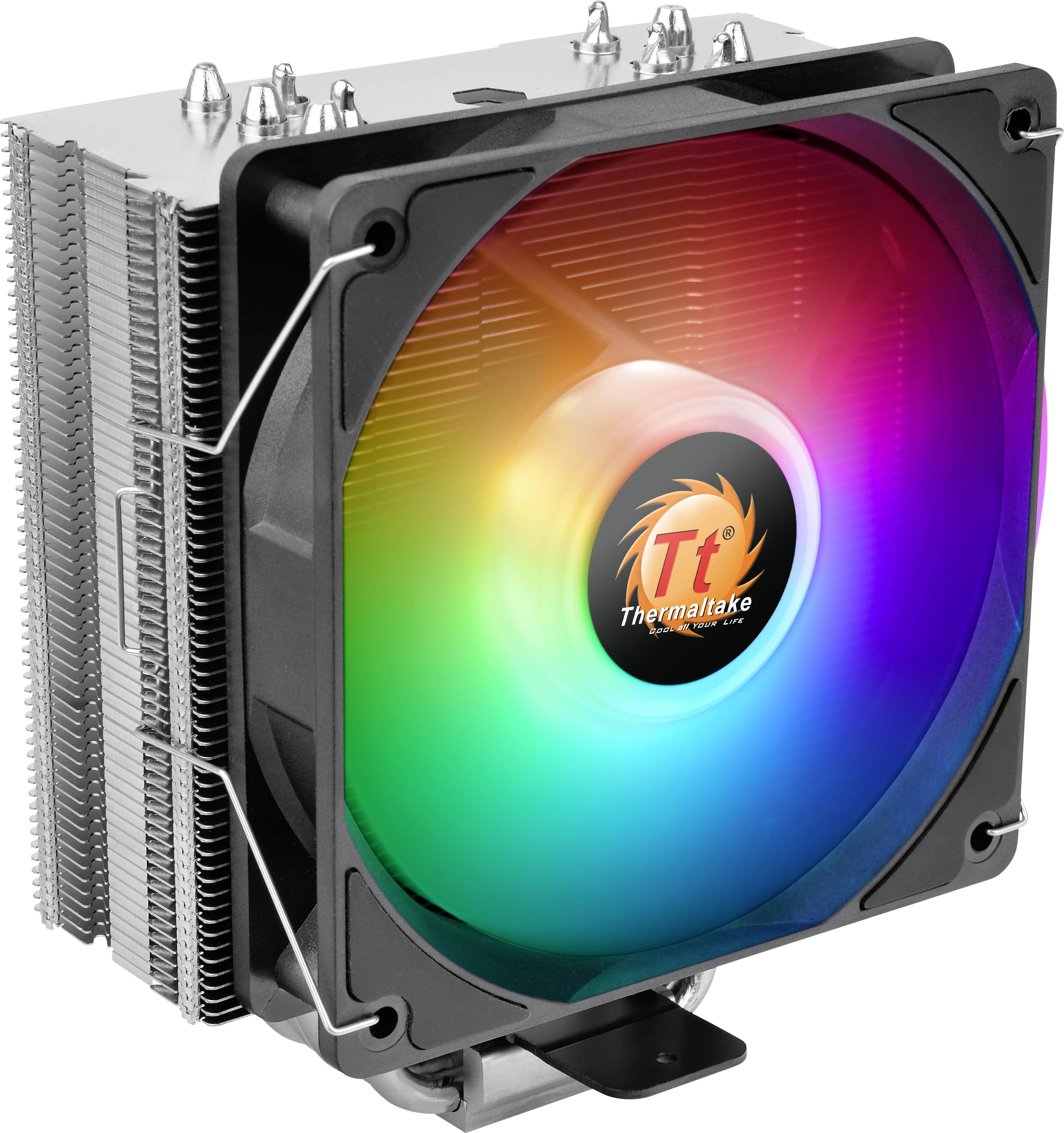 CPU-Lüfter von Thermaltake mit RGB-Beleuchtung in verschiedenen Farben.