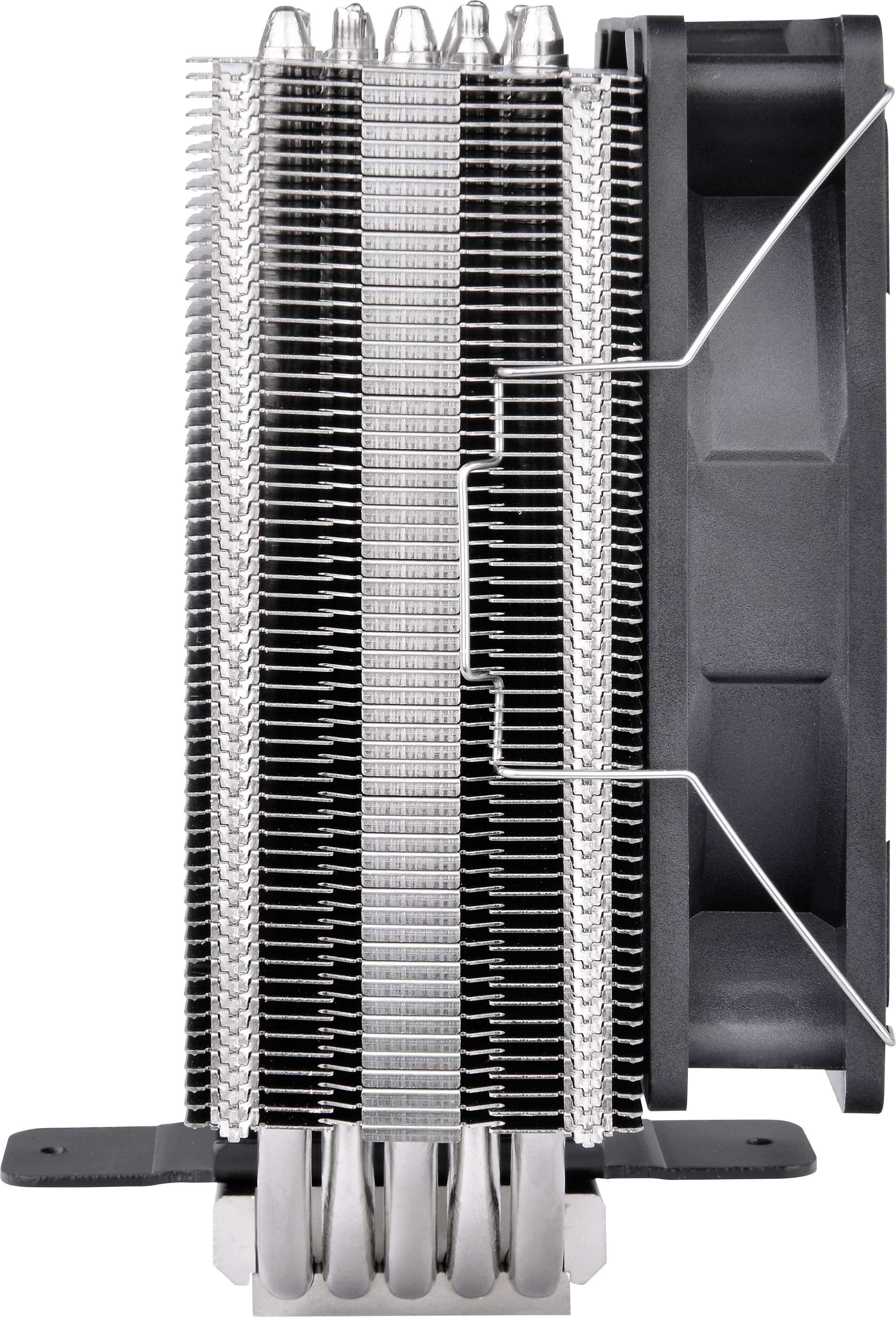 Ein CPU-Kühler mit mehreren Aluminium-Lamellen und einem seitlich angebrachten Lüfter zur Wärmeableitung.