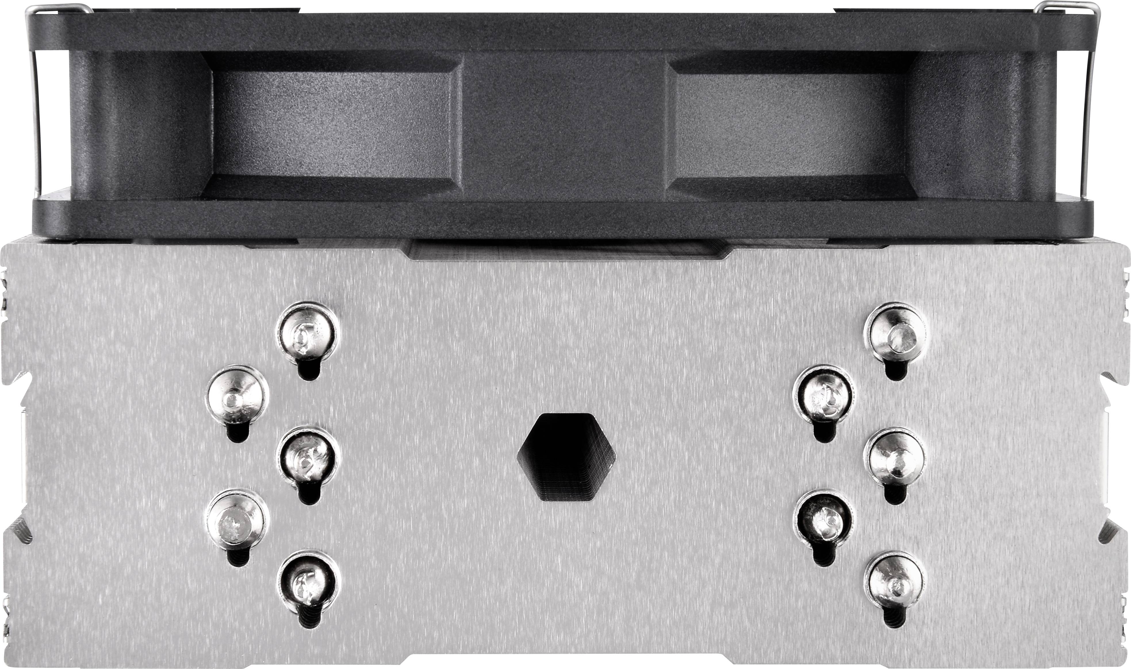 Silbernes Modul mit acht sichtbaren Schrauben, schwarzer Oberkante und sechseckiger Öffnung in der Mitte, wahrscheinlich technisches Bauteil.