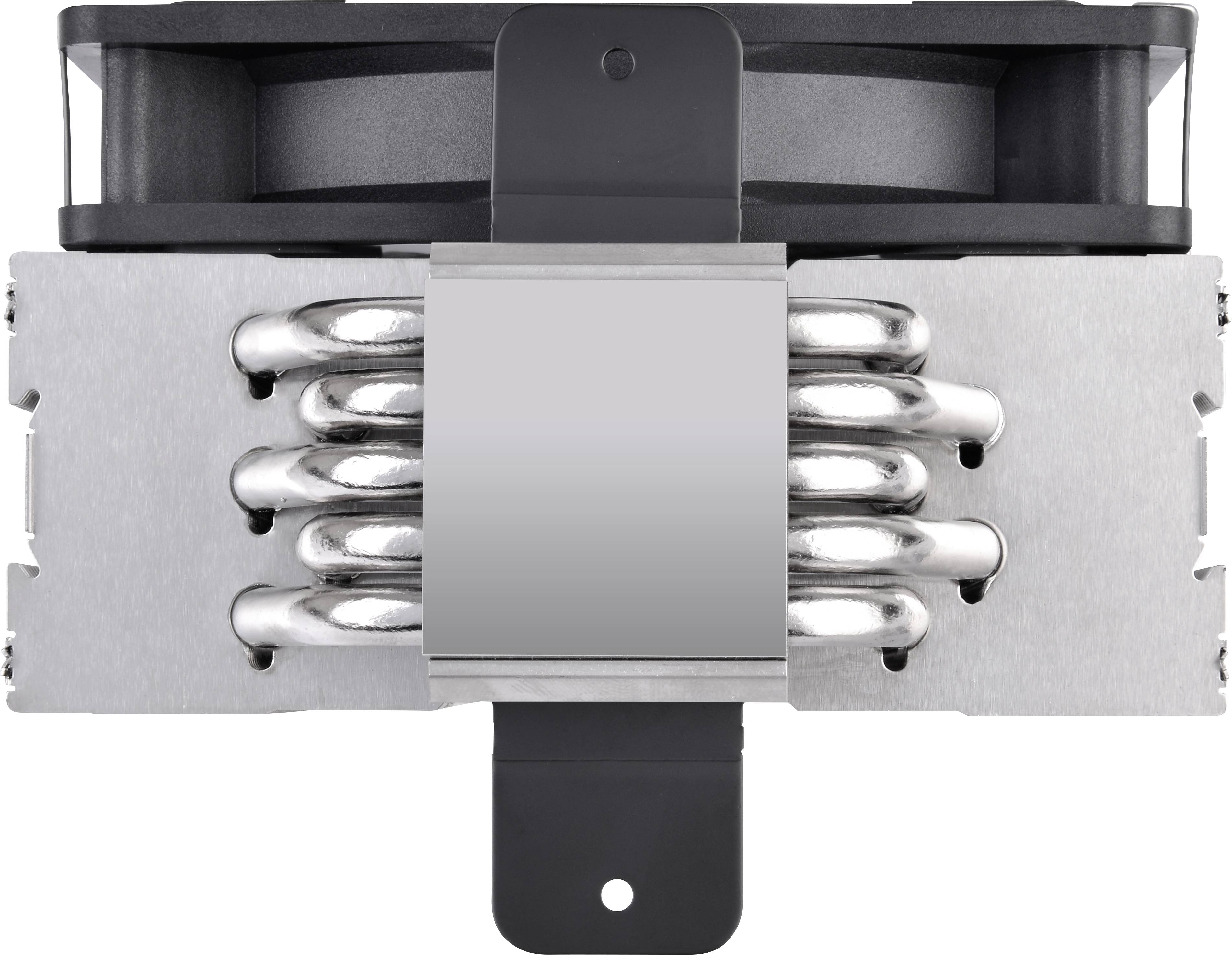 Ein metallischer CPU-Kühler mit vier verchromten Heatpipes und einem montierten Lüfter zur Kühlung elektronischer Komponenten.