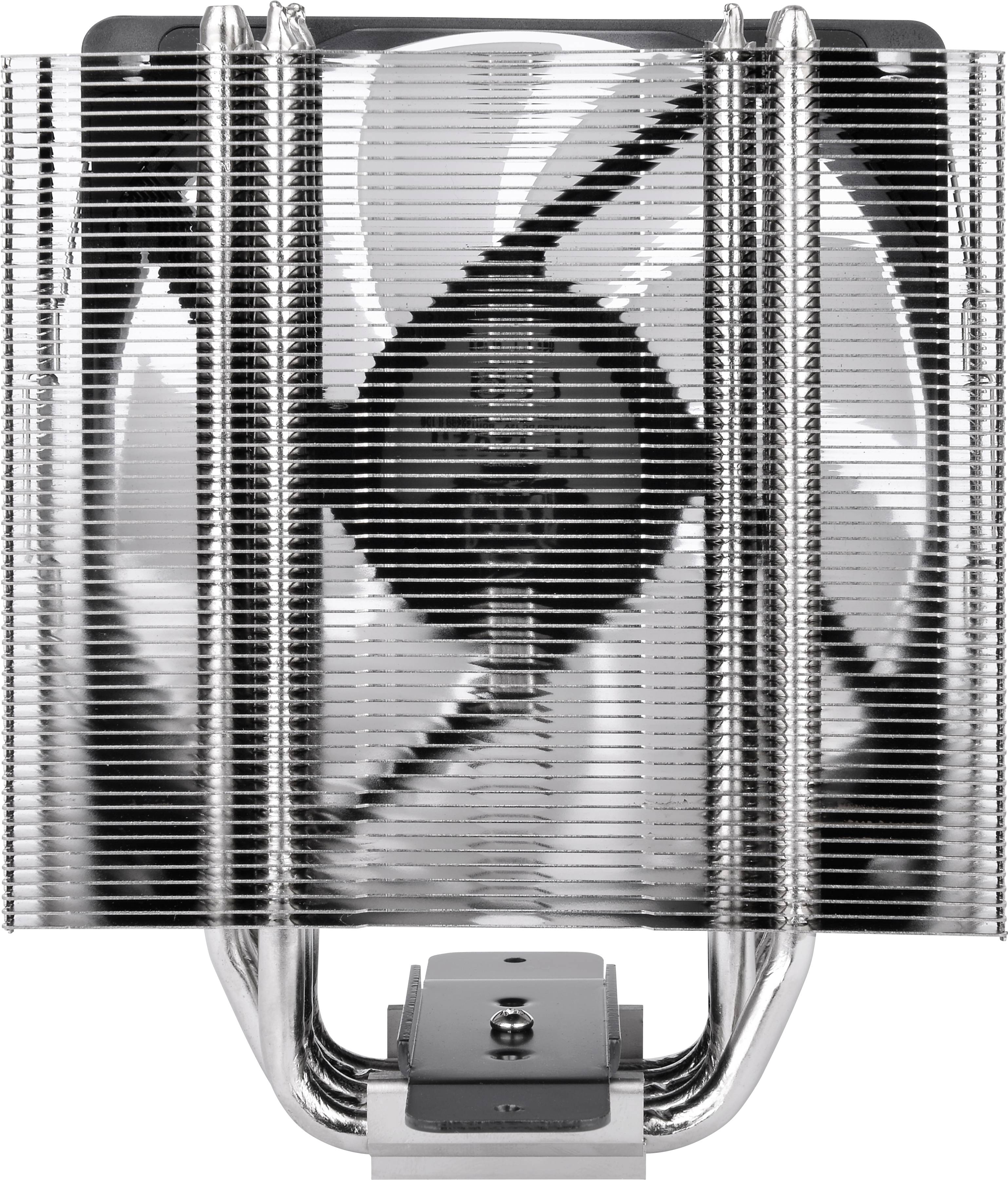 Ein großer Kühler mit mehreren Aluminiumlamellen und einem zentralen Lüfter zur Kühlung in einem Computergehäuse.