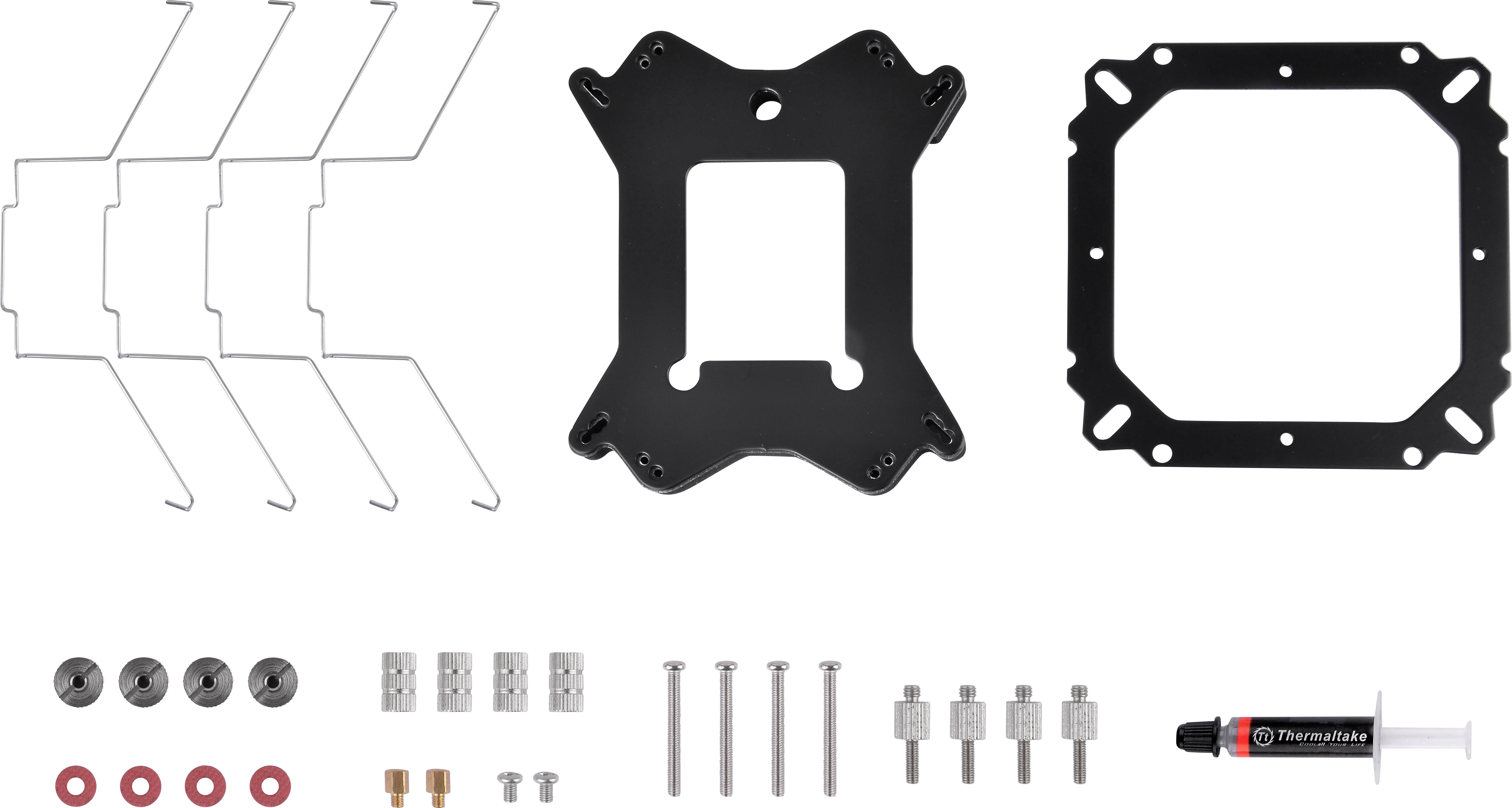 Montagezubehör-Set für Computerkühler, bestehend aus Metallhalterungen, Schrauben, Abstandshaltern und Wärmeleitpaste.