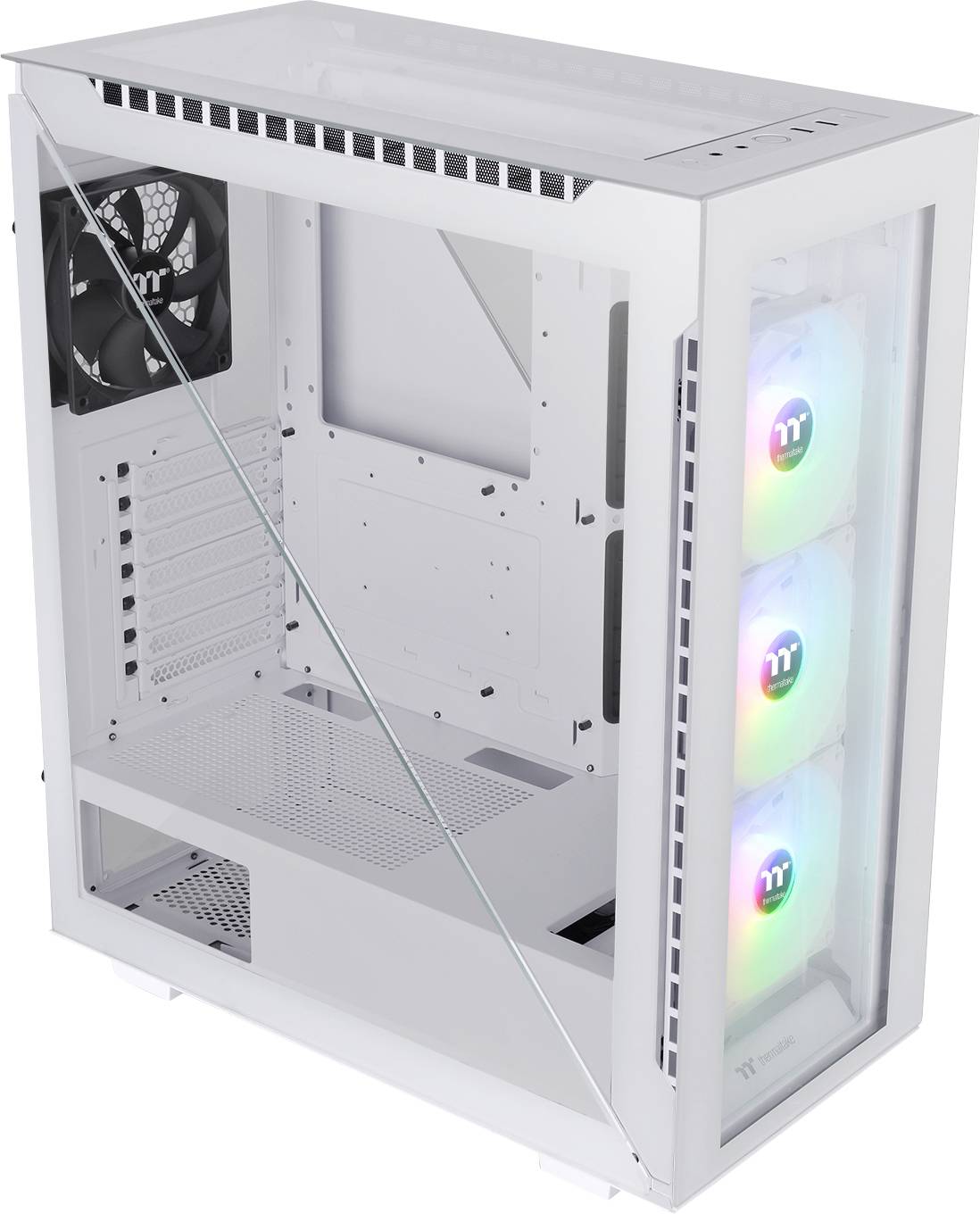 Weißes PC-Gehäuse mit drei leuchtenden Ventilatoren vorne und einem hinten, Seitenwand aus Glas, offen und ohne Komponenten.