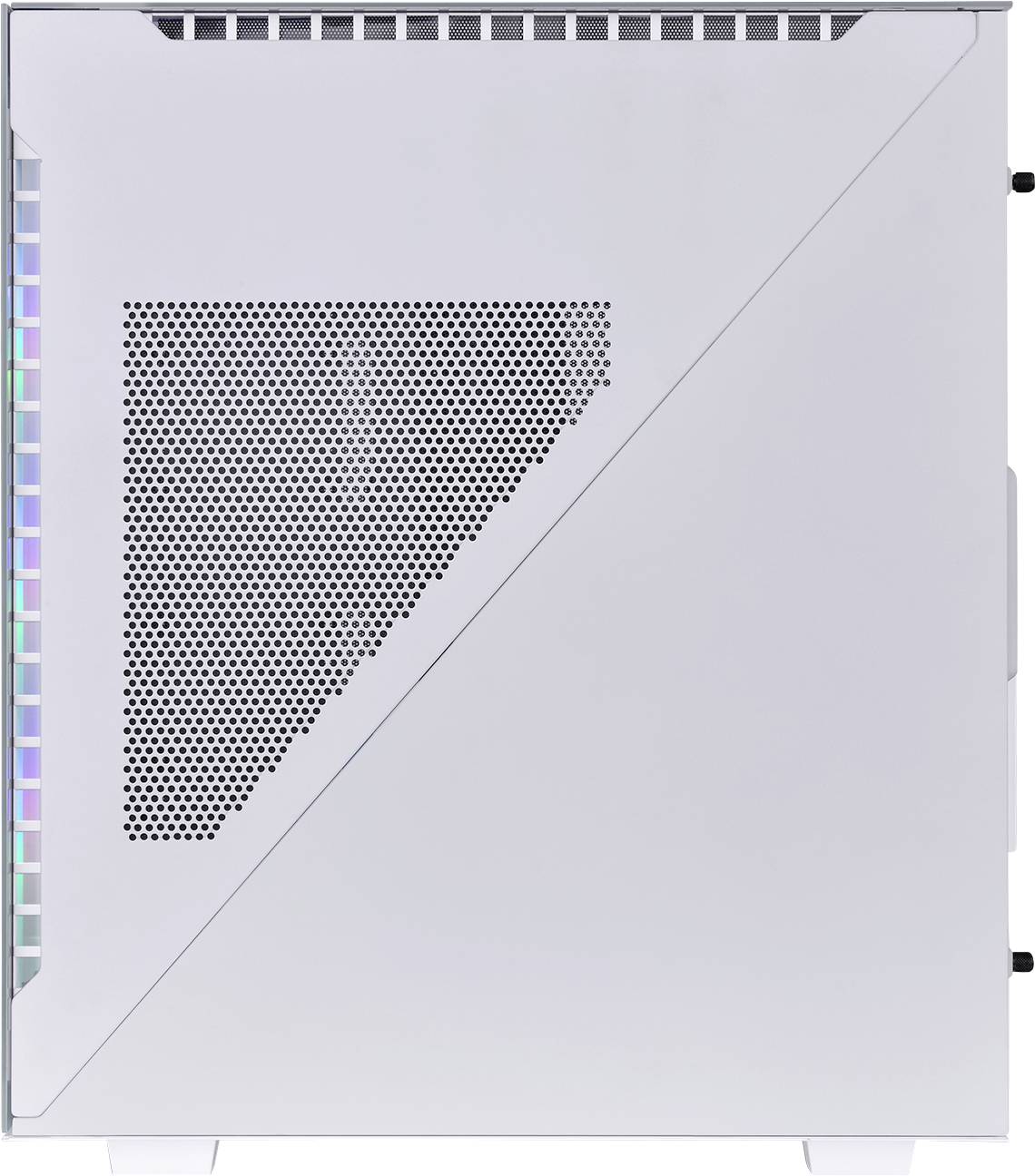Seitliche Ansicht eines weißen Computergehäuses mit perforiertem Muster und sichtbaren RGB-Lichtern im Inneren.
