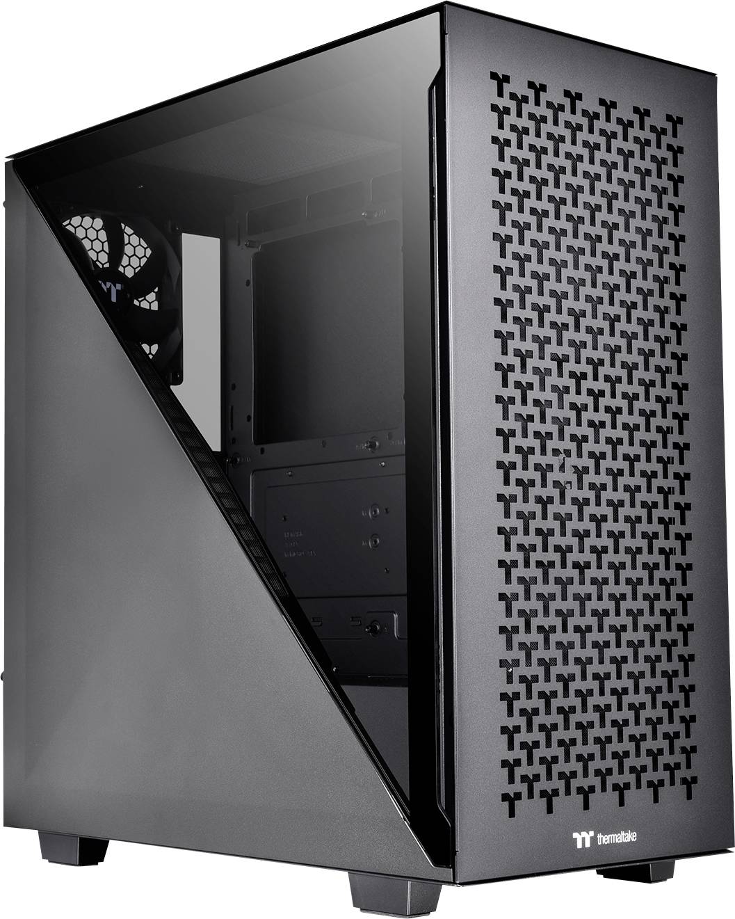 Ein schwarzes Computergehäuse mit transparentem Seitenfenster und Lochmuster auf der Vorderseite. Innenraum für Hardwarekomponenten sichtbar.