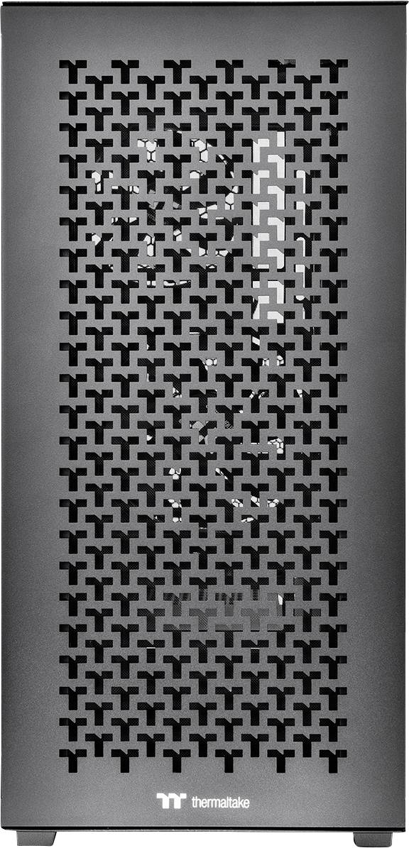 Gehäusefront eines Computers mit einem Gittermuster und dem Logo von Thermaltake unten. Sicht auf Lüfter-Teile im Inneren.