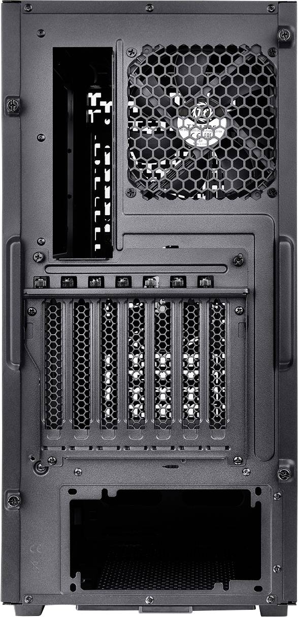 Rückseite eines Computergehäuses mit Lüfteröffnung oben, mehreren PCI-Steckplätzen und Netzteilöffnung unten.