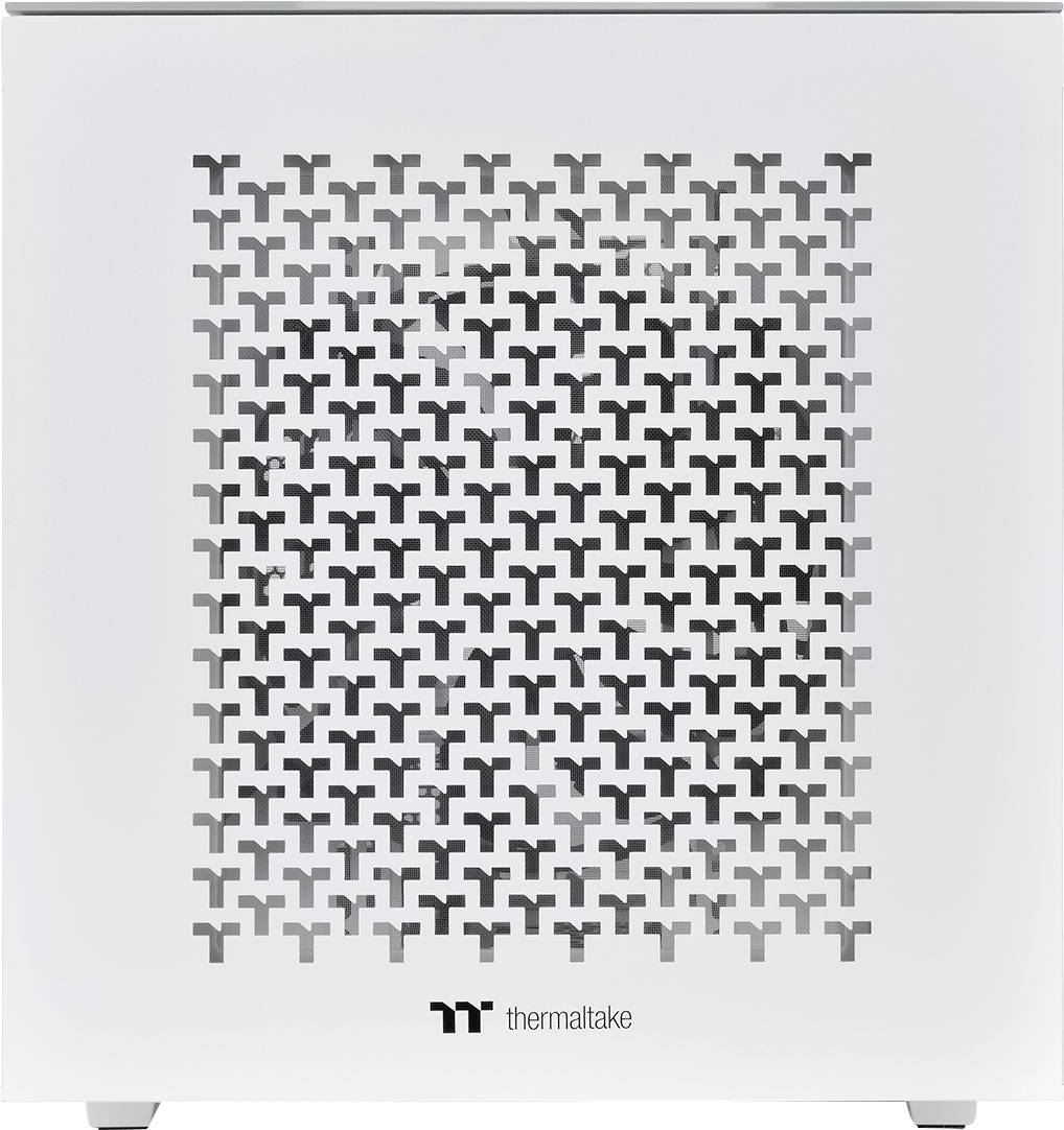 Weiße Computergehäusefront mit perforiertem 'T'-Muster, darunter das Logo von Thermaltake.
