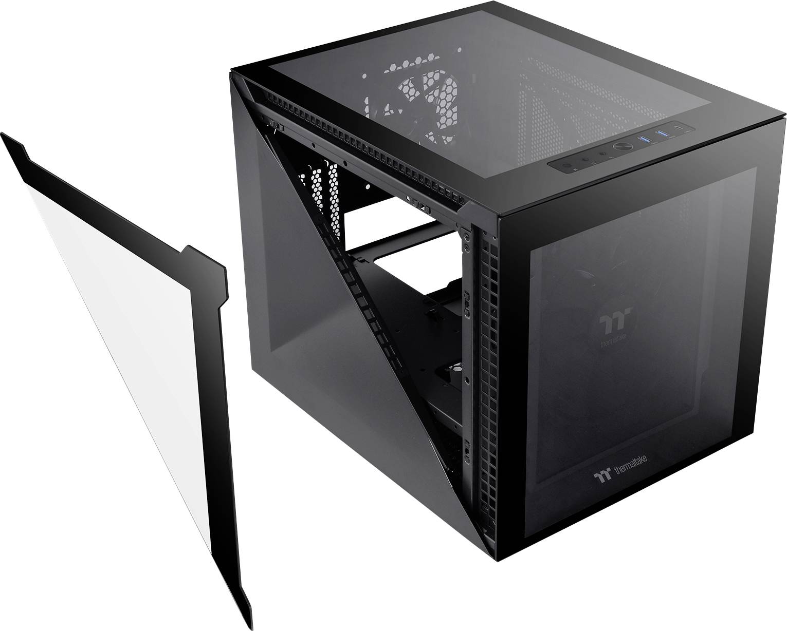 Thermaltake Divider 200 TG Black Micro-Tower PC-Gehäuse Schwarz 2 vorinstallierte Lüfter, Seitenfen