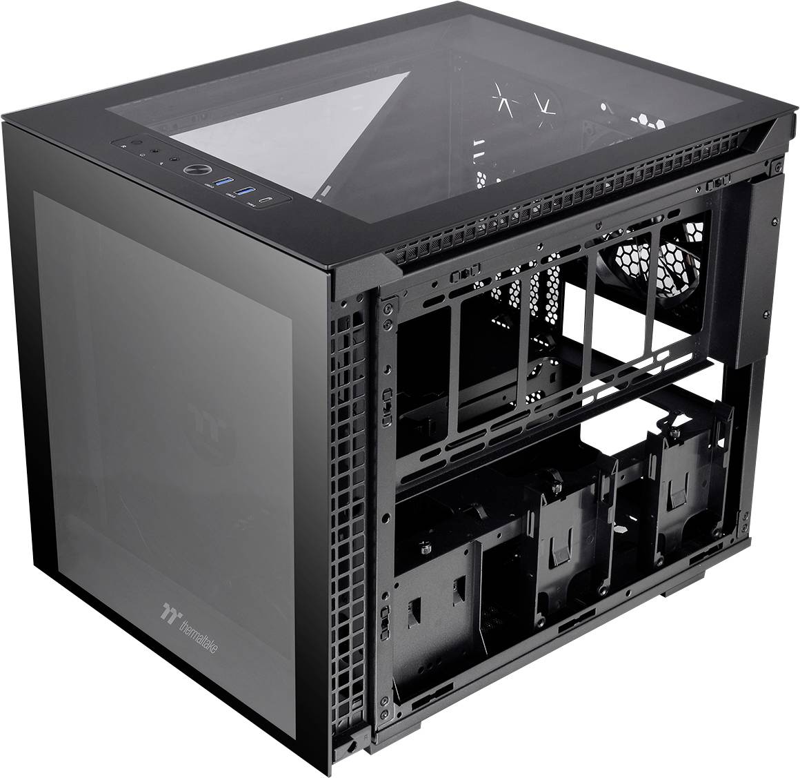 Schwarzes, offenes PC-Gehäuse mit transparentem oberen Panel, zwei Ebenen für Hardware-Komponenten und Platz für Kühlungslüfter.