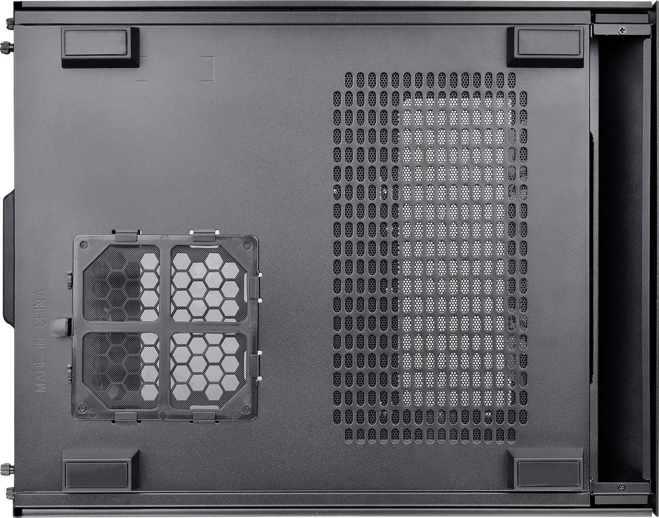 Computergehäuse von unten, zeigt Belüftungsgitter und abnehmbaren Staubfilter.