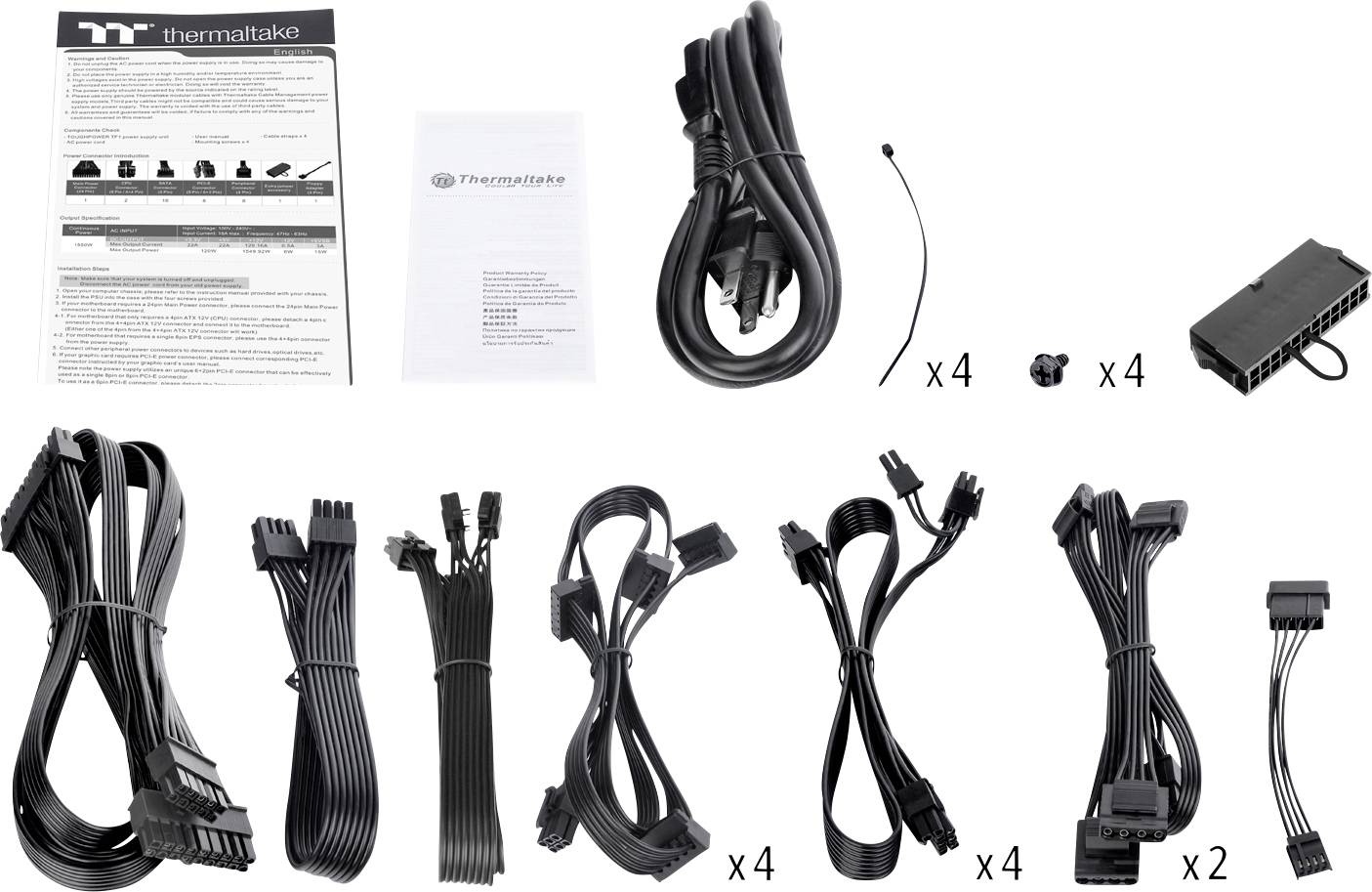 Diverse Computer-Stromkabel und Zubehör von Thermaltake, darunter Netzkabel, ein Handbuch, Kabelbinder, 8-polige Kabel und weitere Anschlusskabel.