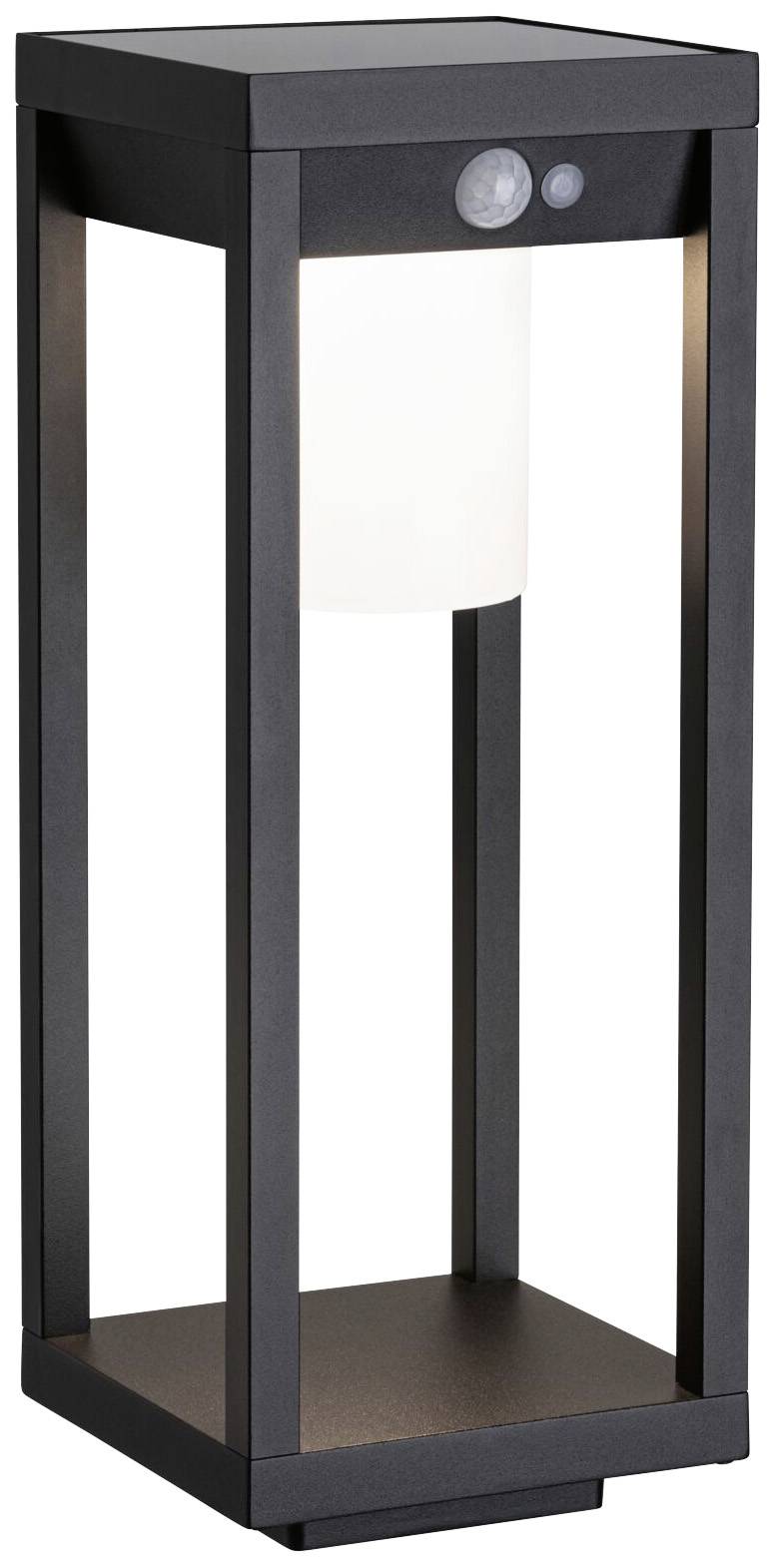 Eine moderne, rechteckige Außenlampe aus schwarzem Metall mit integriertem Bewegungsmelder und weißem Leuchteinsatz.
