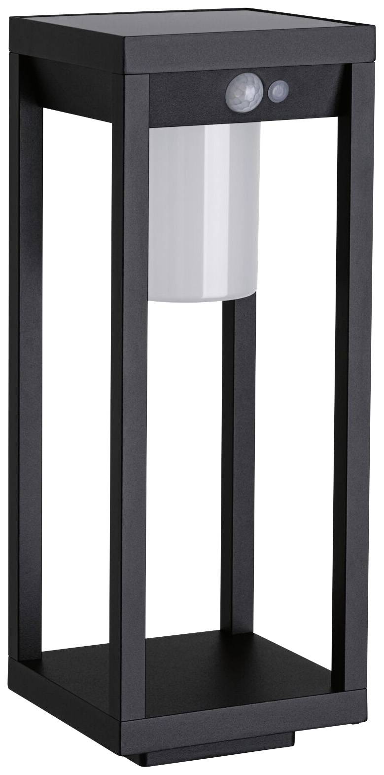 Eine schwarze, rechteckige Außenlampe mit integriertem Bewegungssensor, geeignet zur Beleuchtung von Wegen oder Gärten.