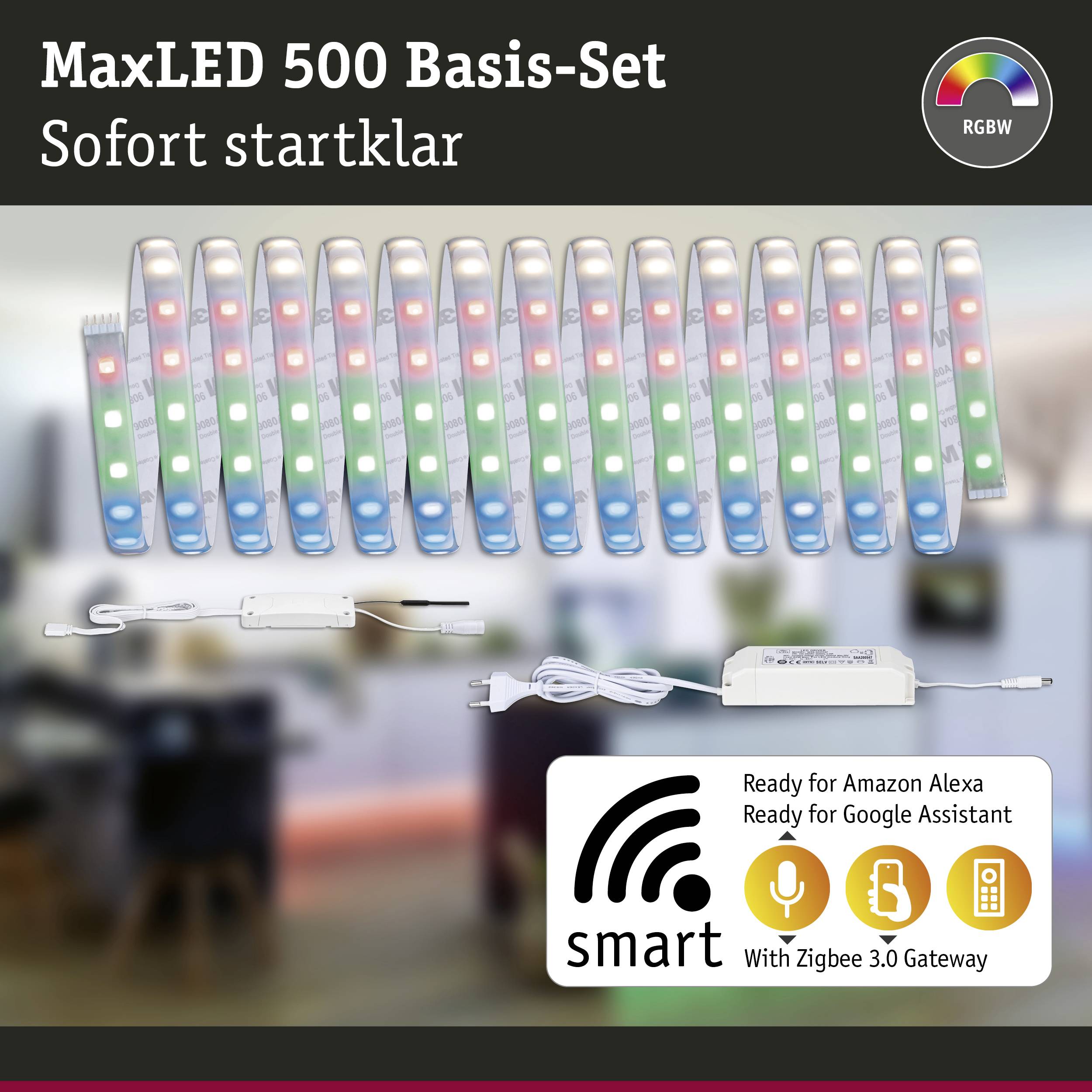 MaxLED 500 Basis-Set mit RGBW-Leuchtstreifen, kompatibel mit Amazon Alexa und Google Assistant, enthält Zigbee 3.0 Gateway.