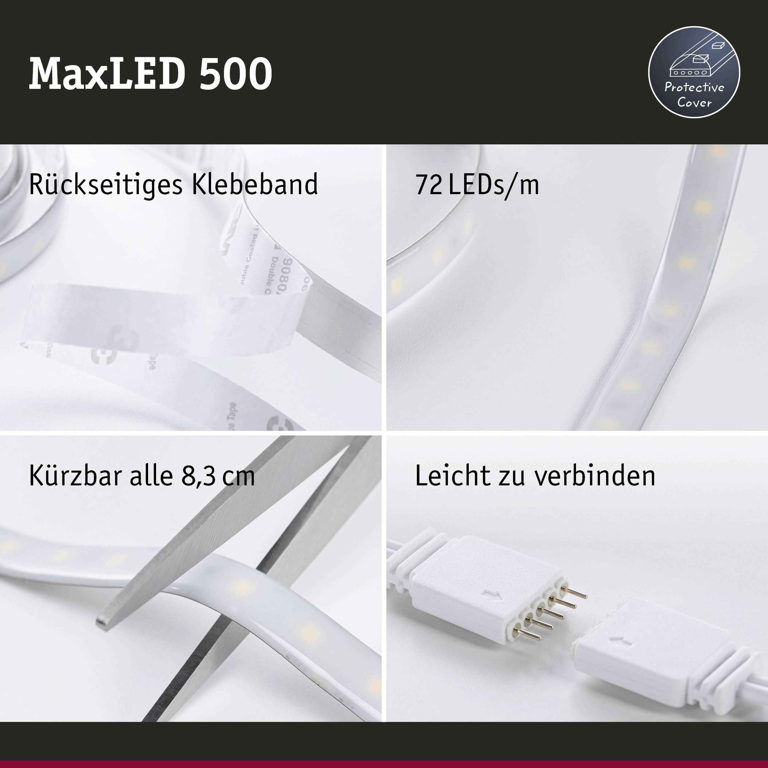 'MaxLED 500: Rückseitiges Klebeband, 72 LEDs/m, kürzbar alle 8,3 cm, leicht zu verbinden.' Zeigt LED-Streifen und Adapter.