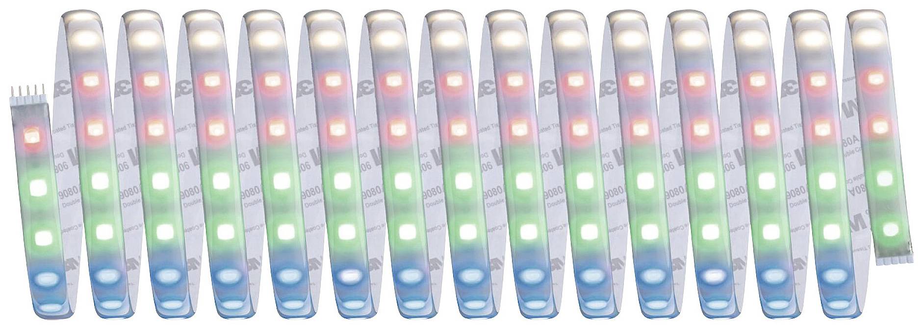 Mehrere LED-Streifen nebeneinander zeigen ein Muster aus roten, grünen und blauen Lichtern.