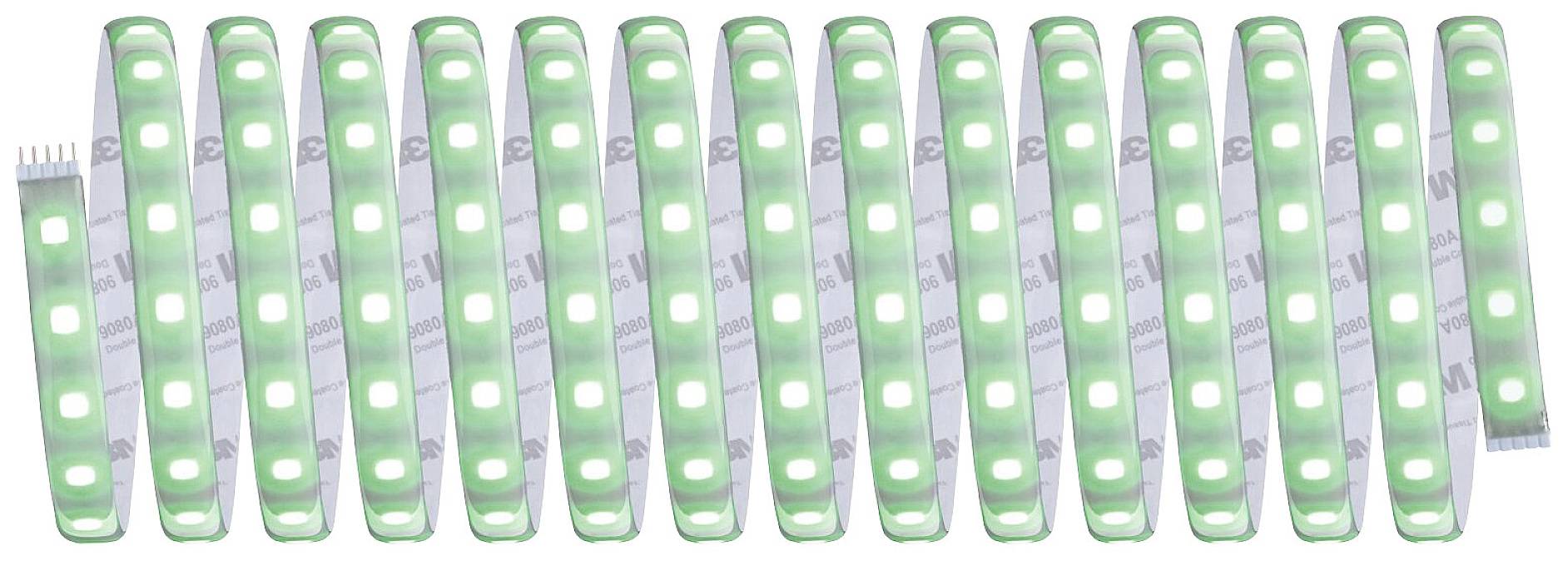 Eine Reihe von 18 grünen LED-Leisten, symmetrisch nebeneinander angeordnet, jede Leiste mit mehreren leuchtenden LEDs.
