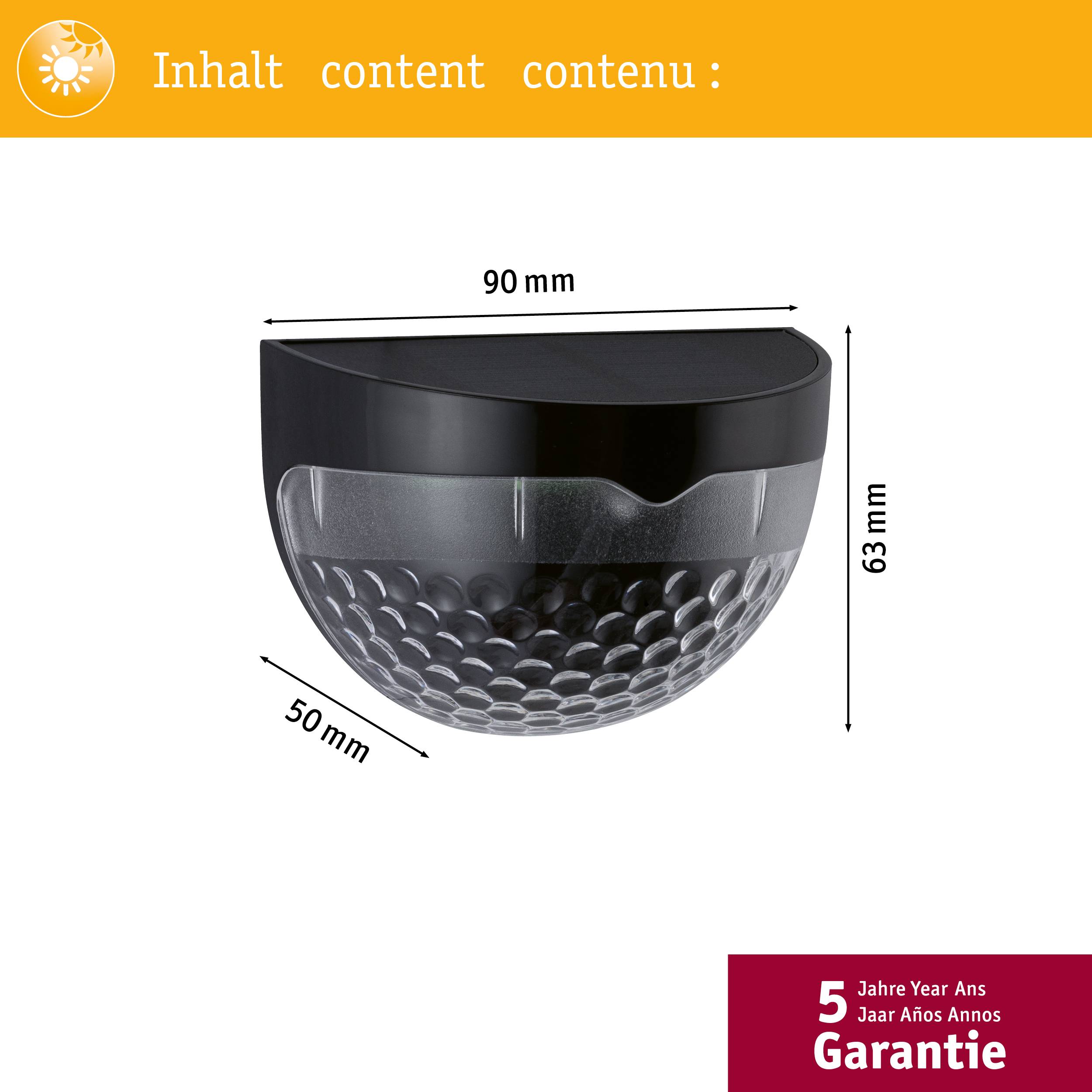 Eine halbkugelförmige Leuchte mit schwarzem Oberteil und transparentem Glas, Abmessungen: 90 mm breit, 63 mm hoch, 50 mm tief. 5 Jahre Garantie.