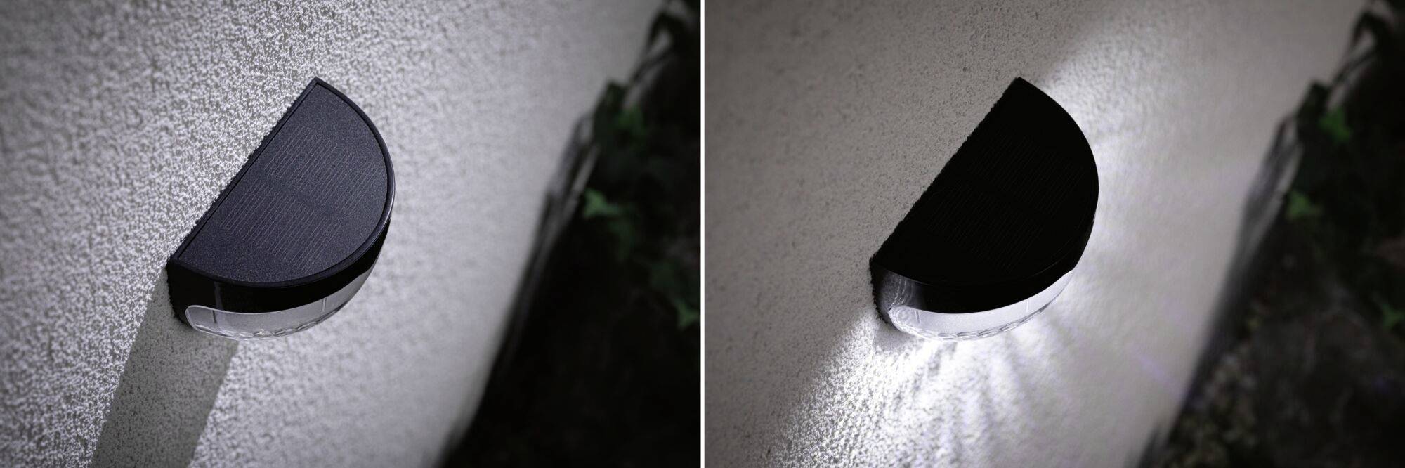 Zwei Bilder von solarbetriebenen Wandleuchten: links bei Tageslicht, rechts im Dunkeln eingeschaltet, Lichtmuster zeigt nach unten.