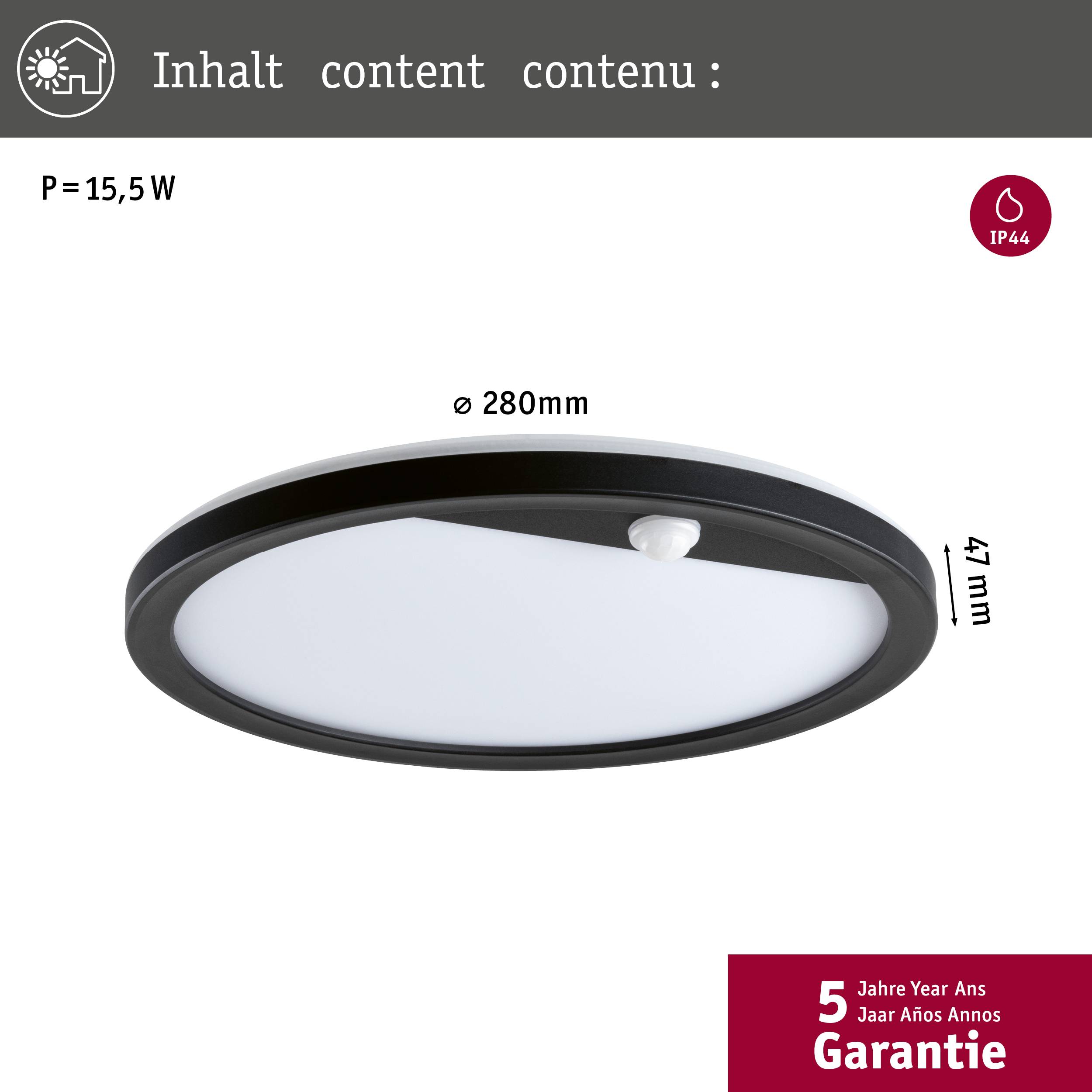 Paulmann Lamina PIR 94664 LED-Außenwandleuchte mit Bewegungsmelder 15W Schwarz
