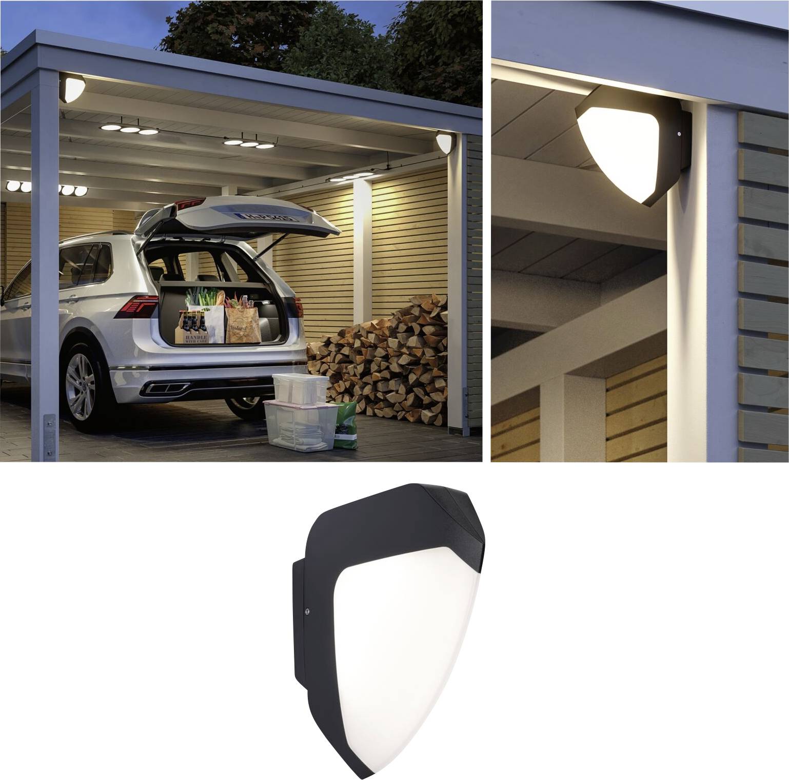Auto mit offenem Kofferraum steht unter beleuchtetem Carport. Darin Einkäufe. Zweites Bild zeigt Nahaufnahme der Leuchte an der Wand.