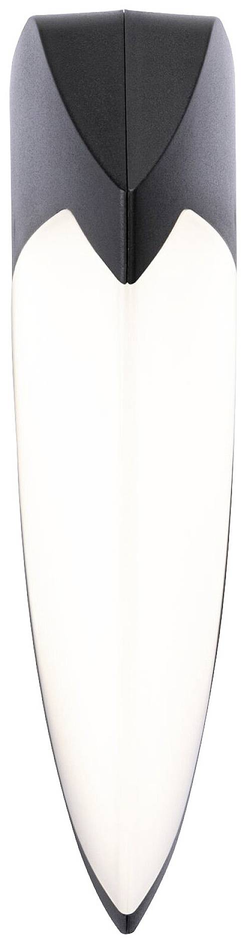 Eine moderne, tropfenförmige Wandlampe mit schwarzem Rand und einer zentralen, leuchtenden Oberfläche.