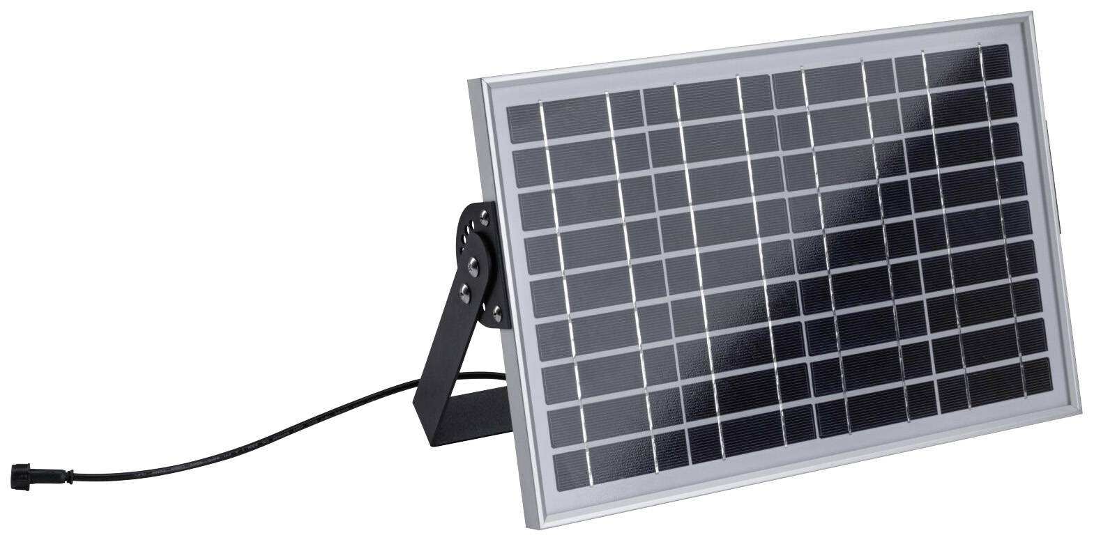 Ein kleiner rechteckiger Solarpanel mit Metallrahmen auf einem Ständer, verbunden mit einem schwarzen Kabel.