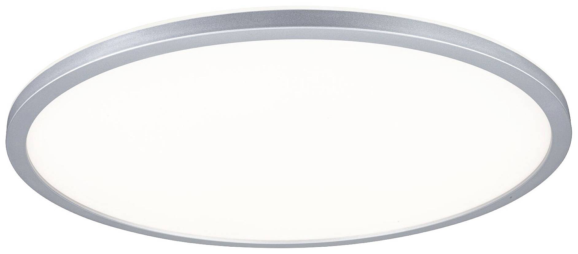 Deckenleuchte mit flachem, runden Design und silbernem Rahmen. Sie strahlt gleichmäßiges, weiches Licht aus und eignet sich für moderne Innenräume.