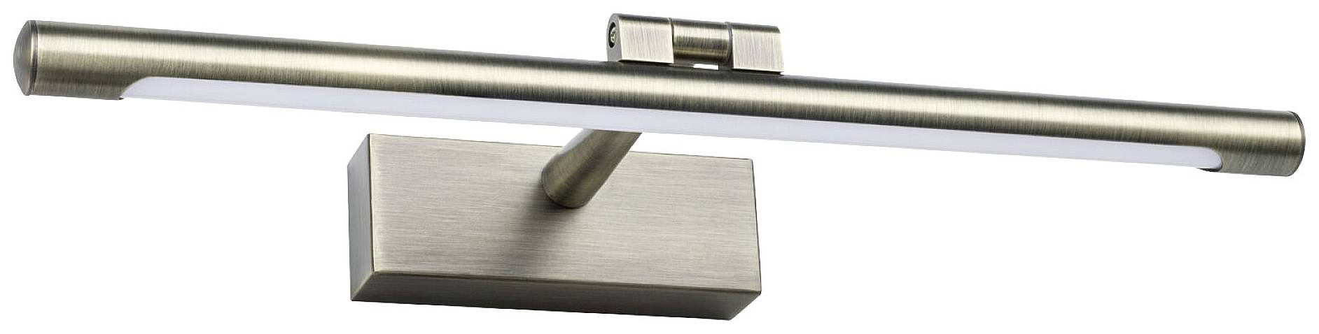 Eine moderne, längliche Wandleuchte aus Metall mit rechteckiger Halterung, geeignet zur Beleuchtung von Bildern oder Kunstwerken.