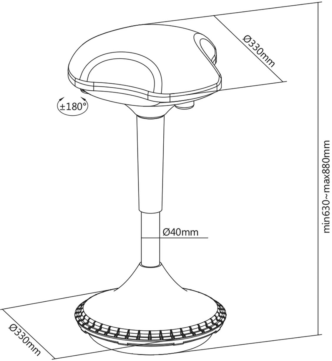 Line Drawing einer höhenverstellbaren Lampe. Maße: Kopf Ø330mm, Stange Ø40mm, Höhe 630-880mm. Schwenkbereich des Kopfes 180 Grad.