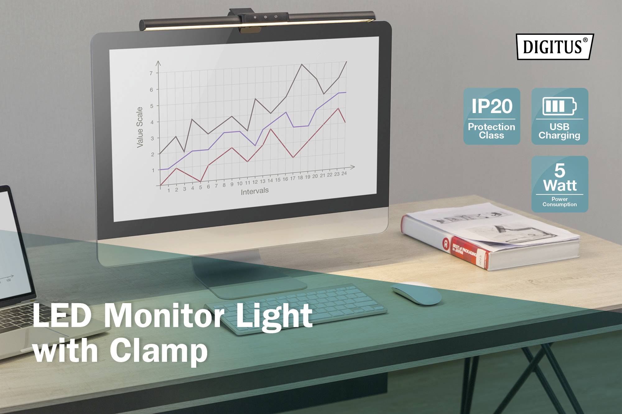 Digitus LED-Lichtleiste DA-90415 EEK F (A - G) LED-Monitorleiste Licht 5W, 250lm, Klemme, schwarz