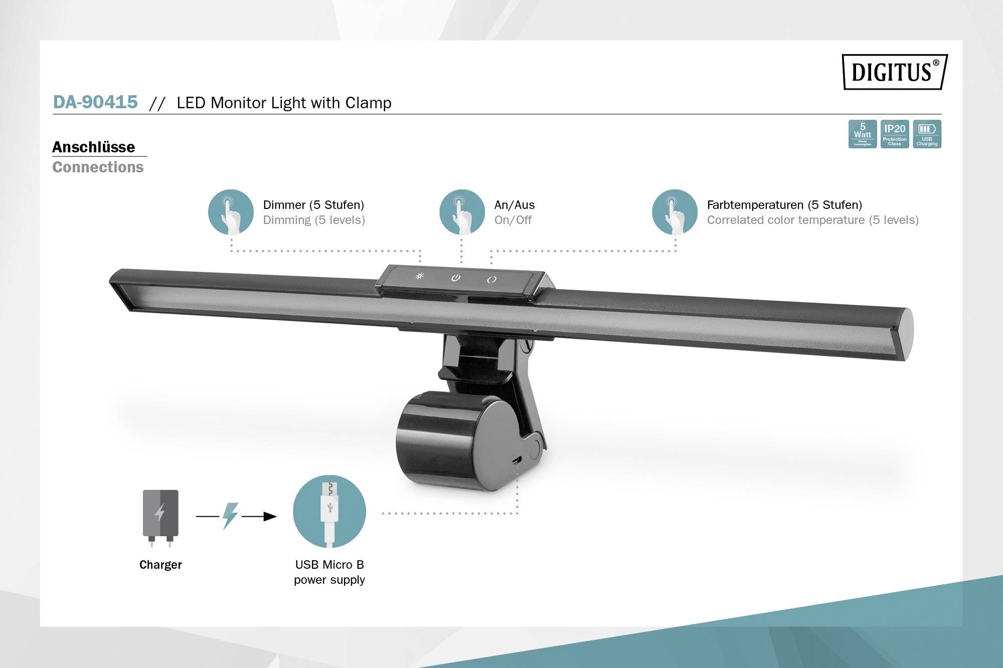 Digitus LED-Lichtleiste DA-90415 EEK F (A - G) LED-Monitorleiste Licht 5W, 250lm, Klemme, schwarz