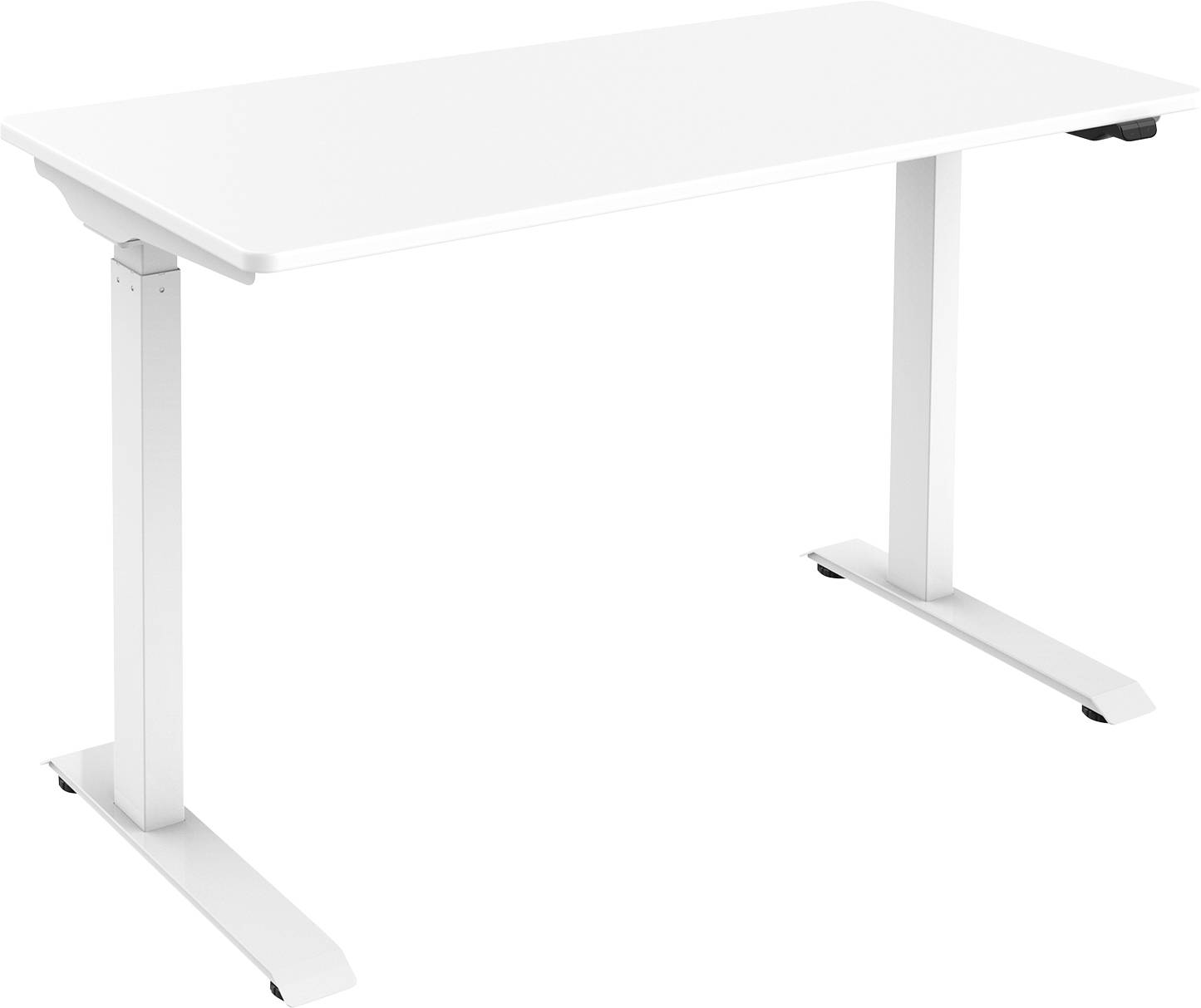 Weißer höhenverstellbarer Schreibtisch mit T-Beinen und einer glatten Tischplatte. Ideal für ergonomisches Arbeiten im Büro.