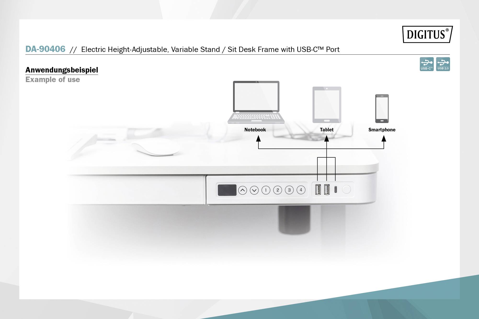 Anwendungsbeispiel: Notebook, Tablet und Smartphone auf einem elektrisch höhenverstellbaren Schreibtisch mit USB-C™-Port.