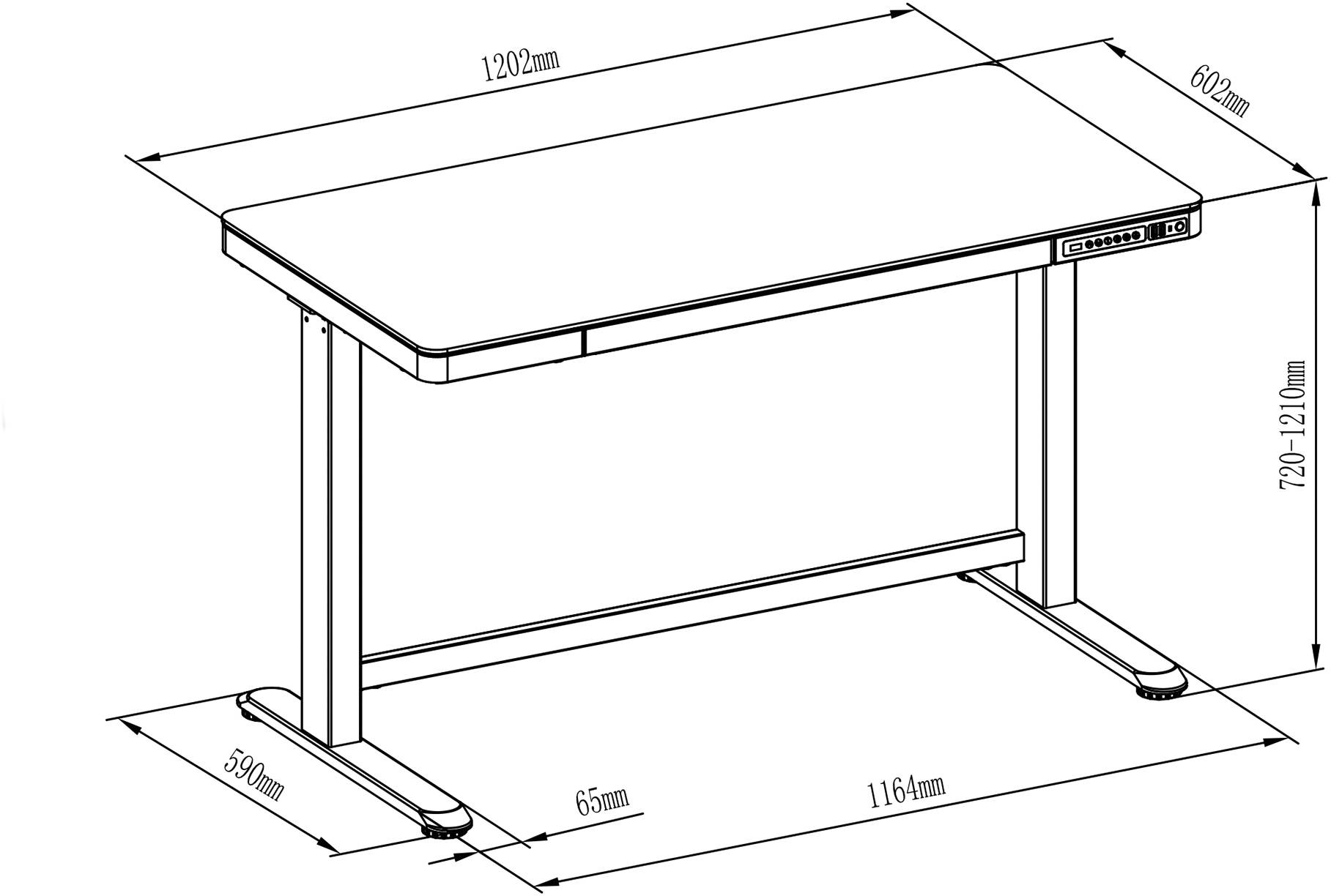 Technische Zeichnung eines höhenverstellbaren Schreibtisches. Maße: Breite 1202mm, Tiefe 602mm, Höhe 720-1210mm.